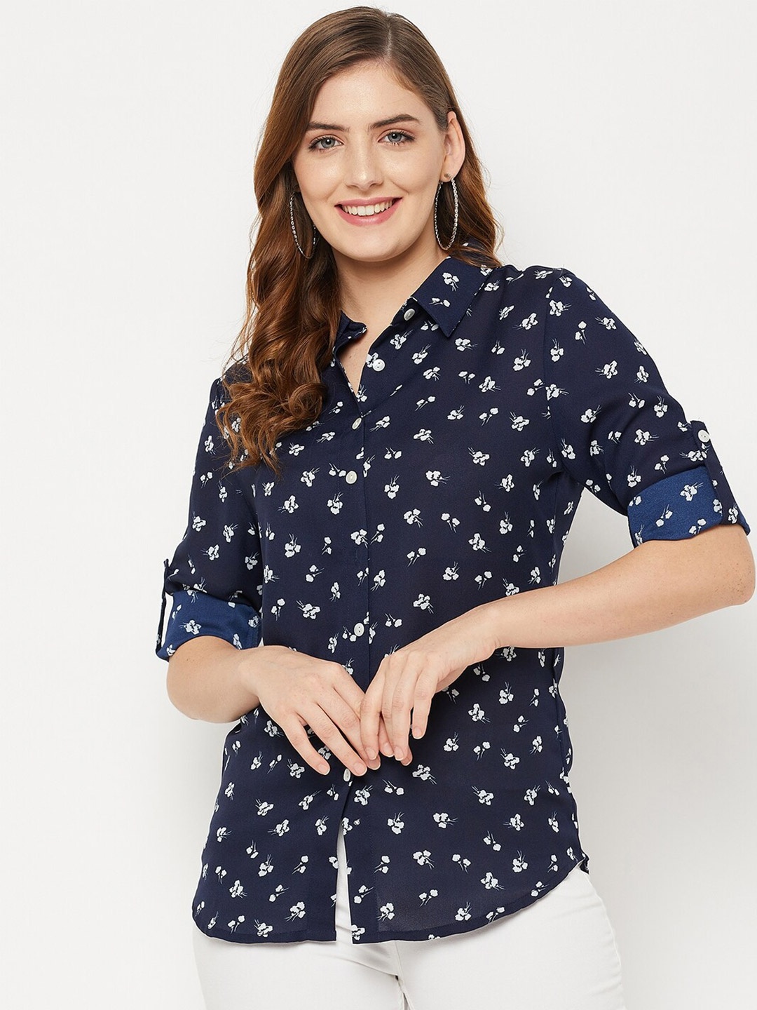 

Ruhaans Women Navy Blue Classic Floral Printed Casual Shirt
