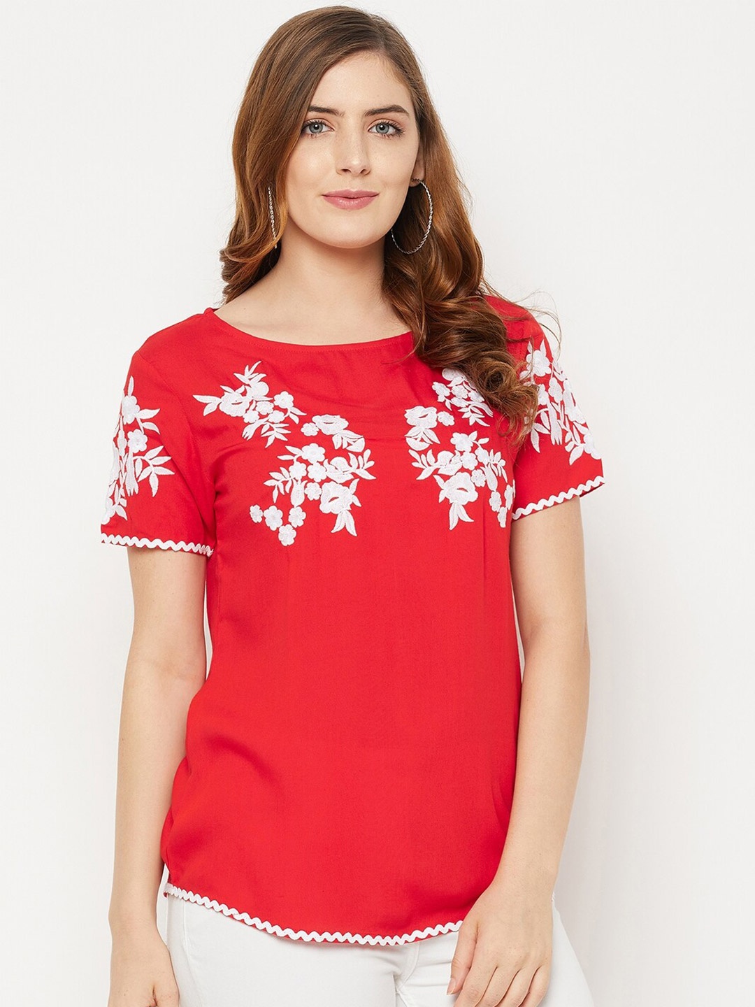 

Ruhaans Red Floral Print Top