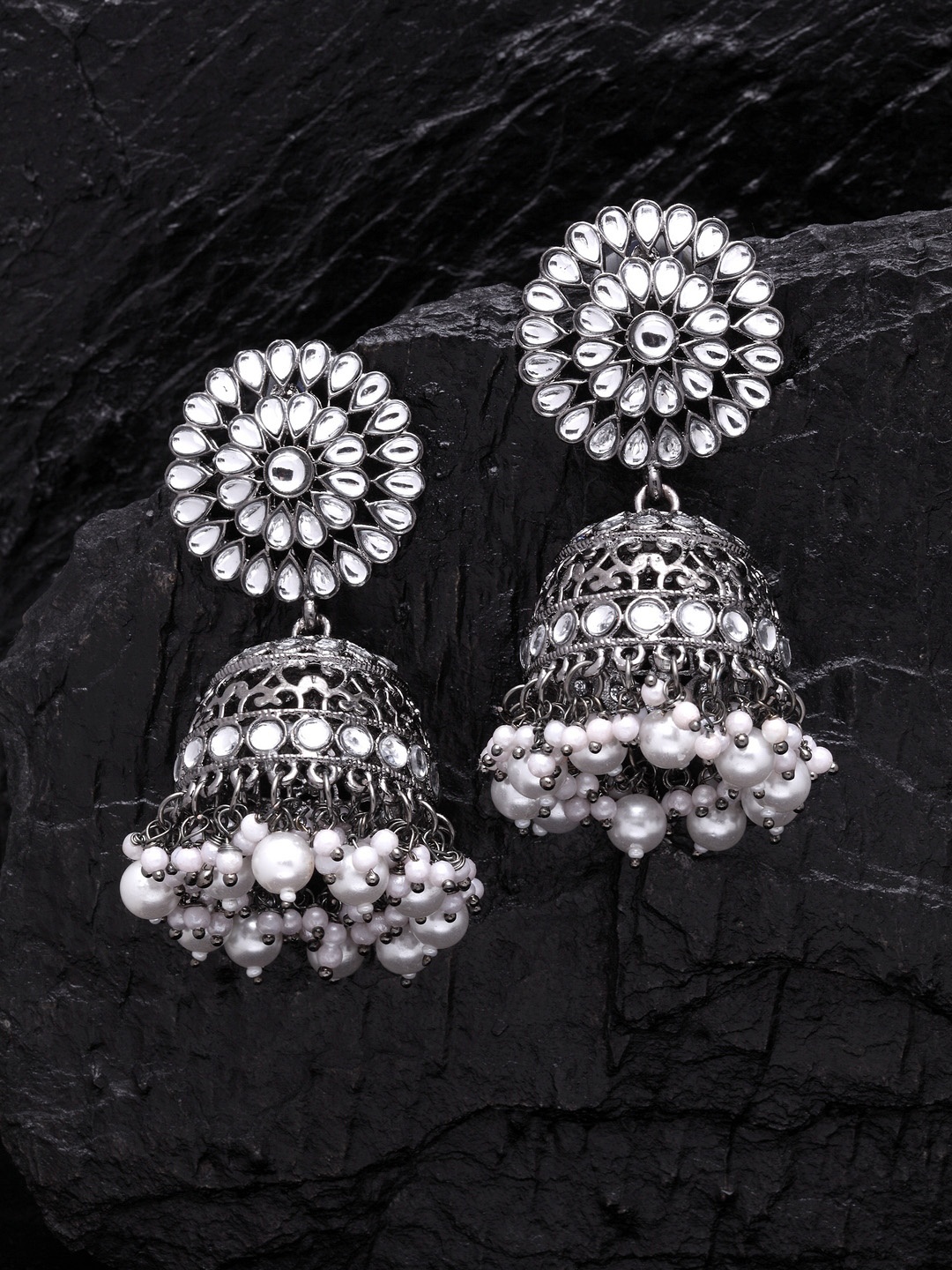 

PANASH Silver-Toned Dome Shaped Jhumkas Earrings