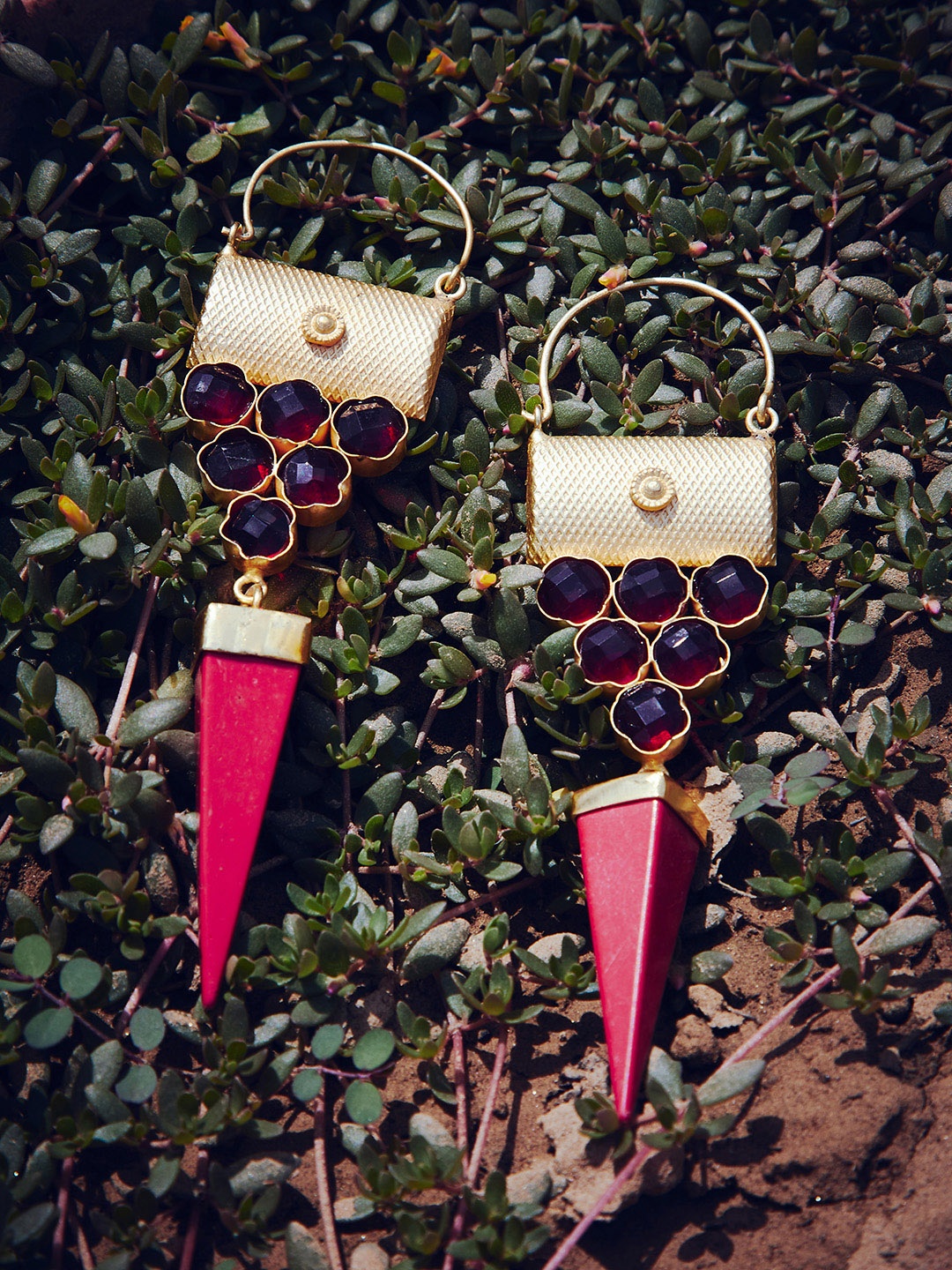 

PANASH Gold-Toned & Pink Spiked Drop Earrings