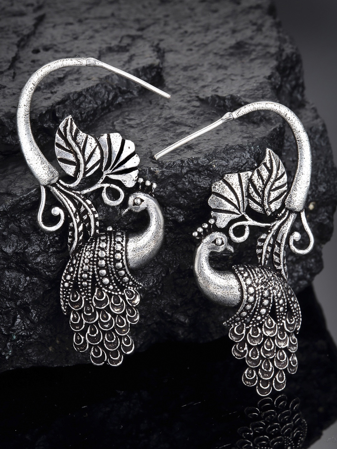 

PANASH Silver-Toned Peacock Shaped Half Hoop Earrings