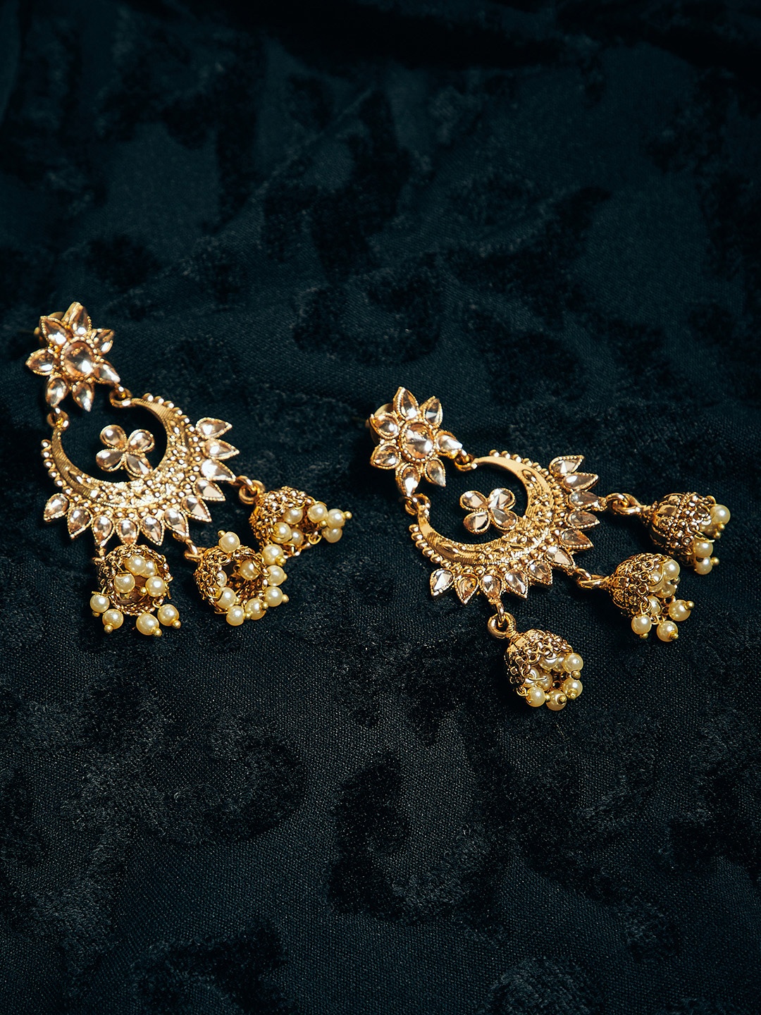 

PANASH Gold-Toned Crescent Shaped Handcrafted Jhumkas Earrings