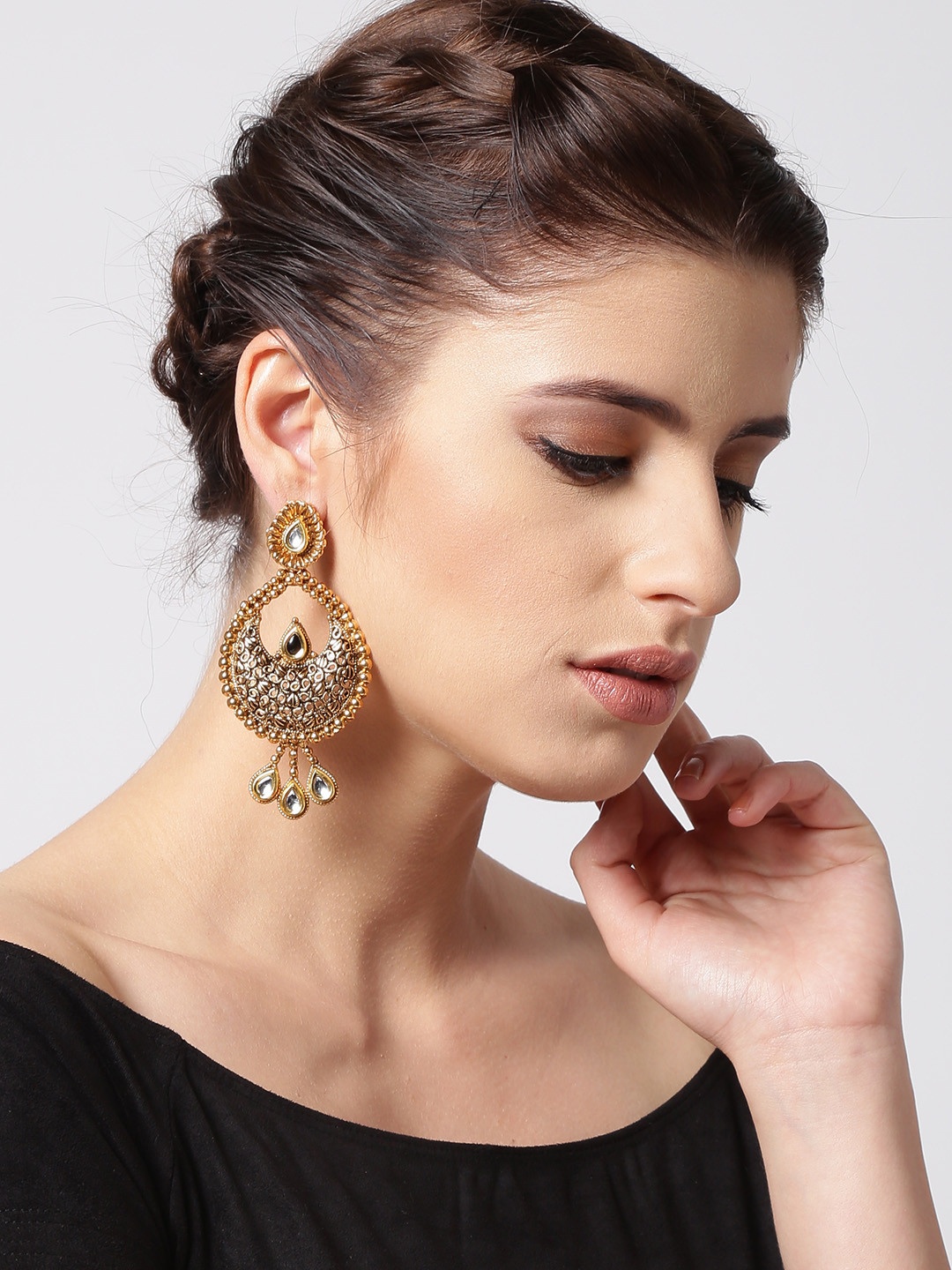 

PANASH Gold-Toned Handcrafted Crescent Shaped Drop Earrings