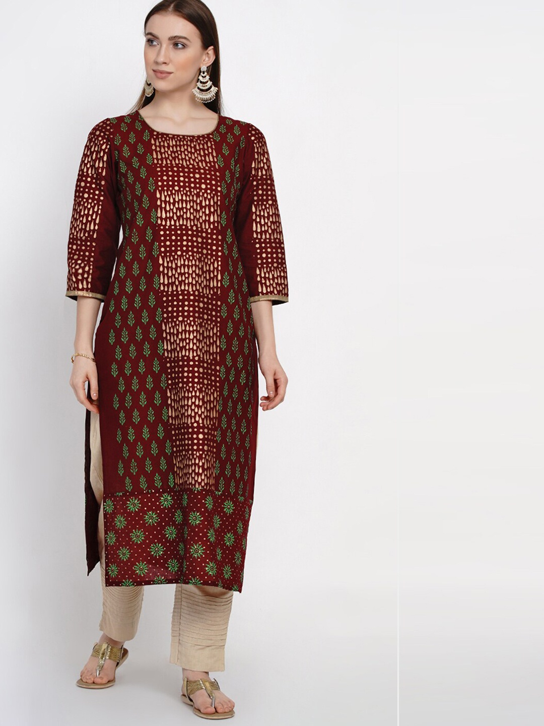

RIYA Women Brown Ethnic Motifs Printed Thread Work Kurta