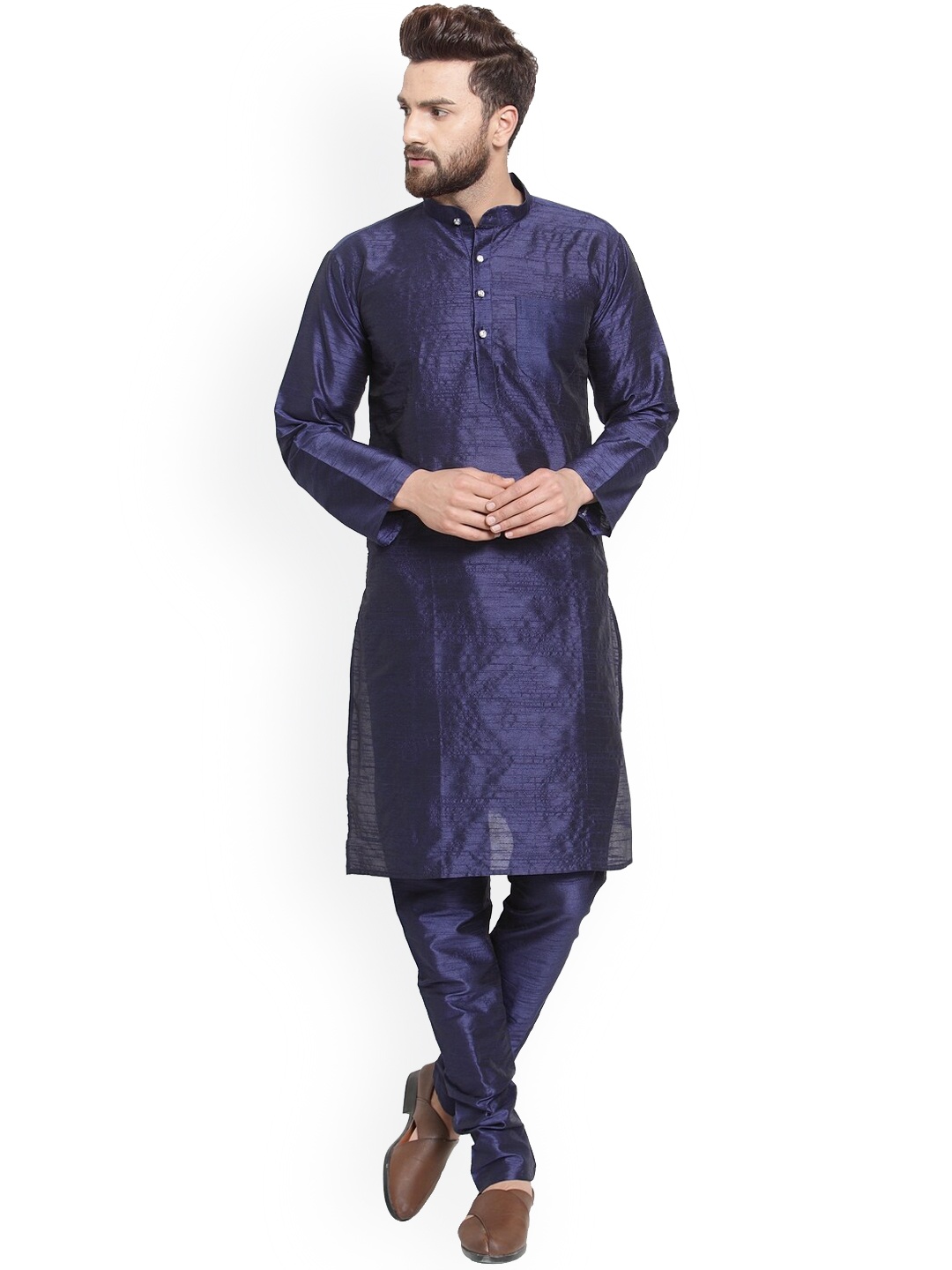 

Benstoke Men Navy Blue Dupion Silk Kurta with Pyjamas