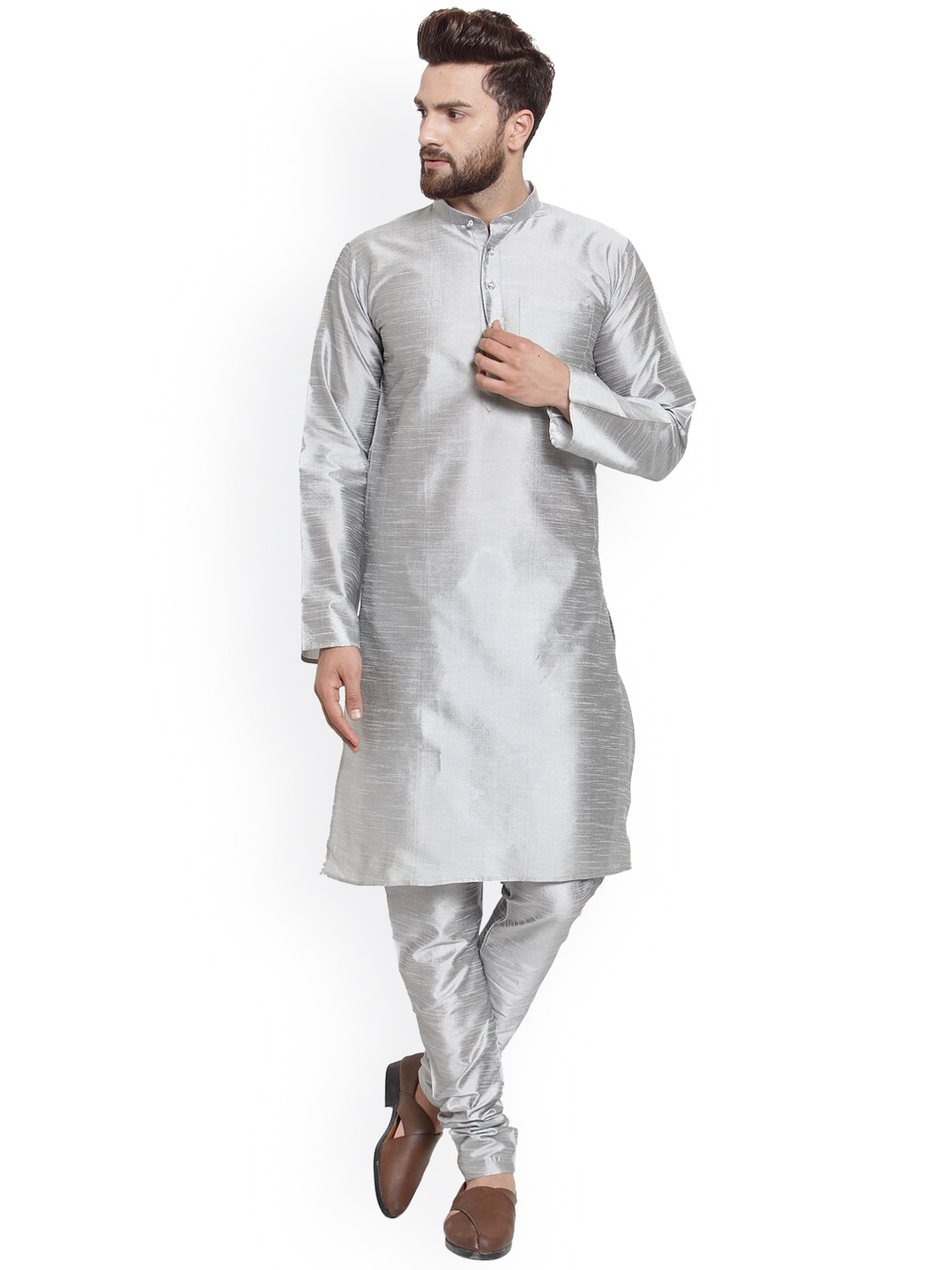 

Benstoke Men Grey Dupion Silk Kurta with Pyjamas
