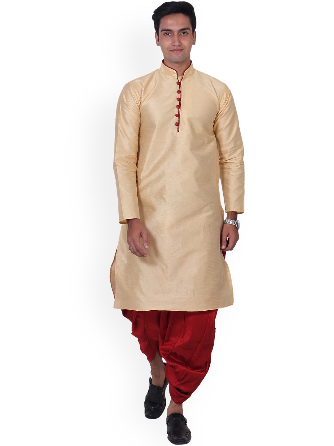

Benstoke Men Gold-Toned Dupion Silk Kurta with Dhoti Pants