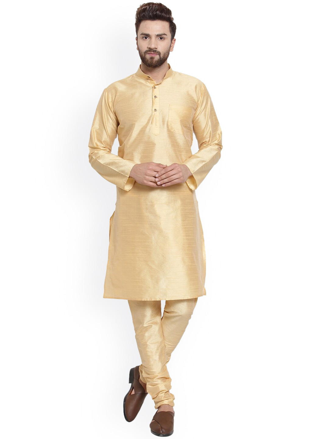 

Benstoke Men Gold-Toned Dupion Silk Kurta with Churidar