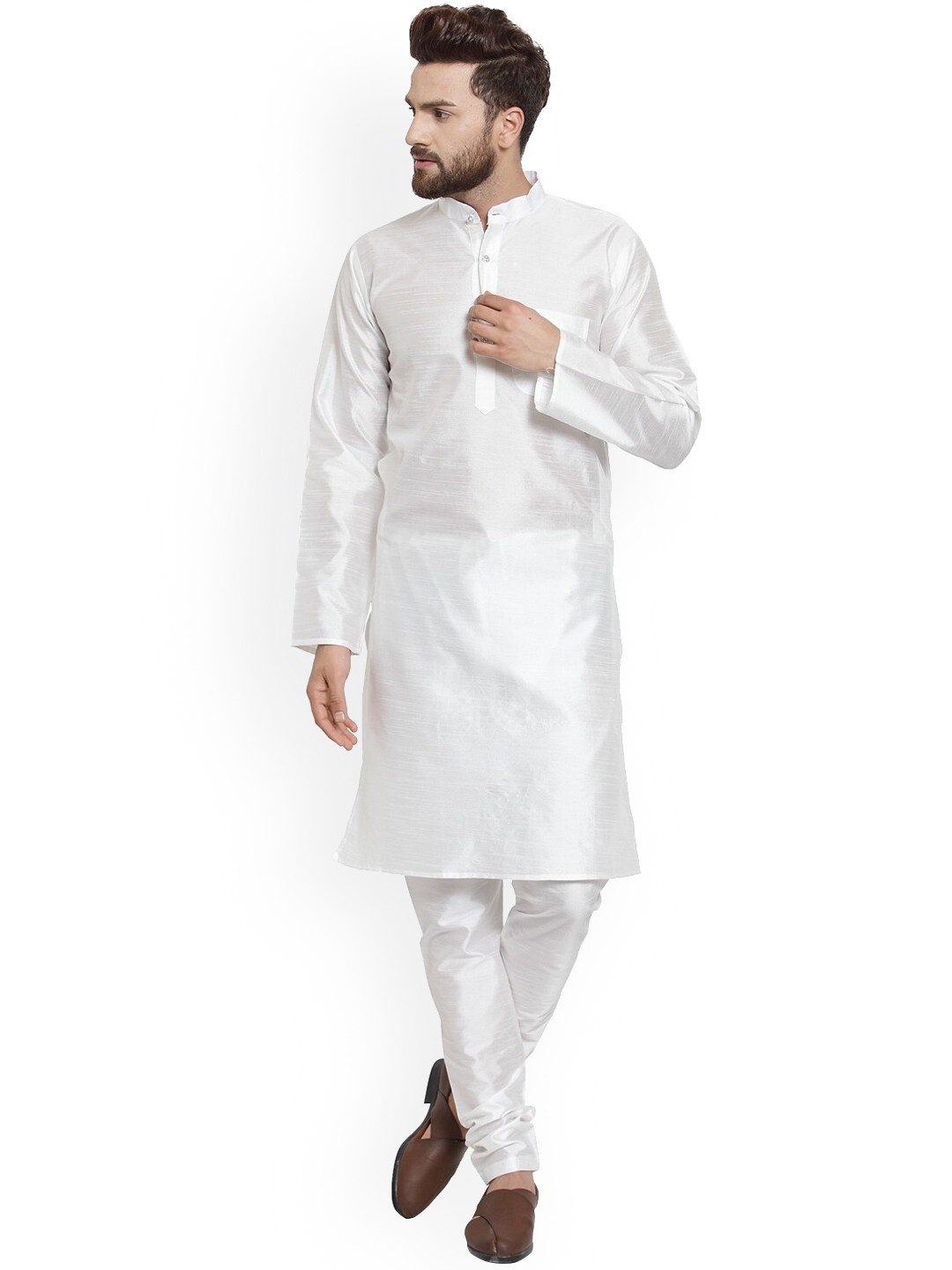

Benstoke Men White Dupion Silk Kurta with Pyjamas
