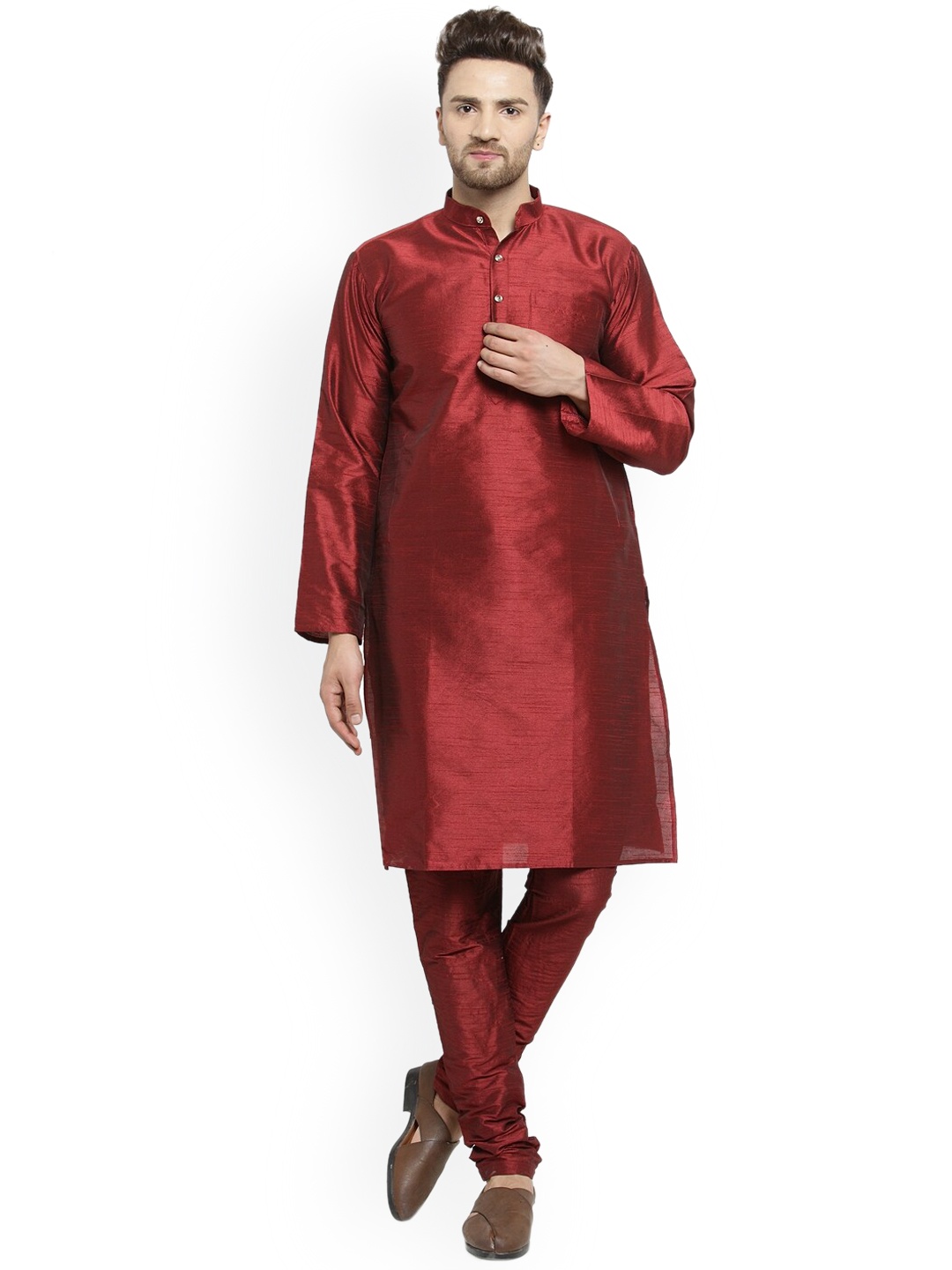 

Benstoke Men Maroon Dupion Silk Kurta with Churidar