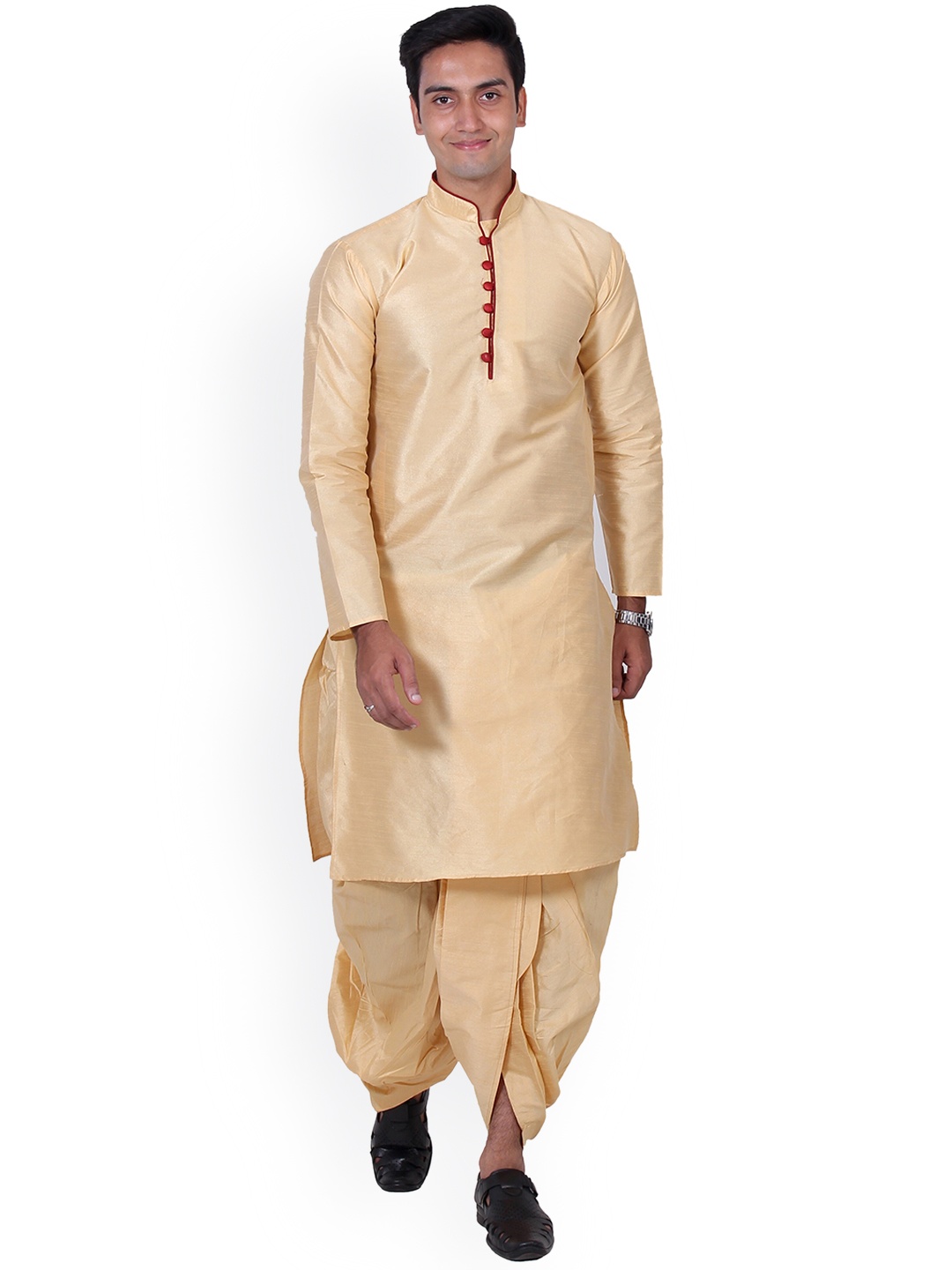 

Benstoke Men Gold-Toned Dupion Silk Kurta with Dhoti Pants