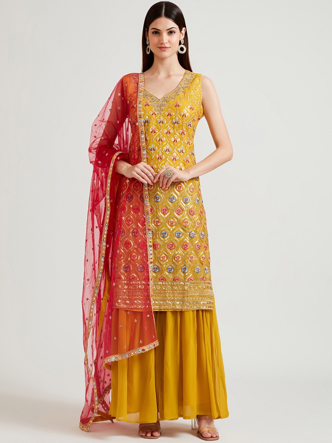 

Neerus Women Mustard Yellow Embroidered Regular Sequinned Kurta with Sharara & With Dupatta