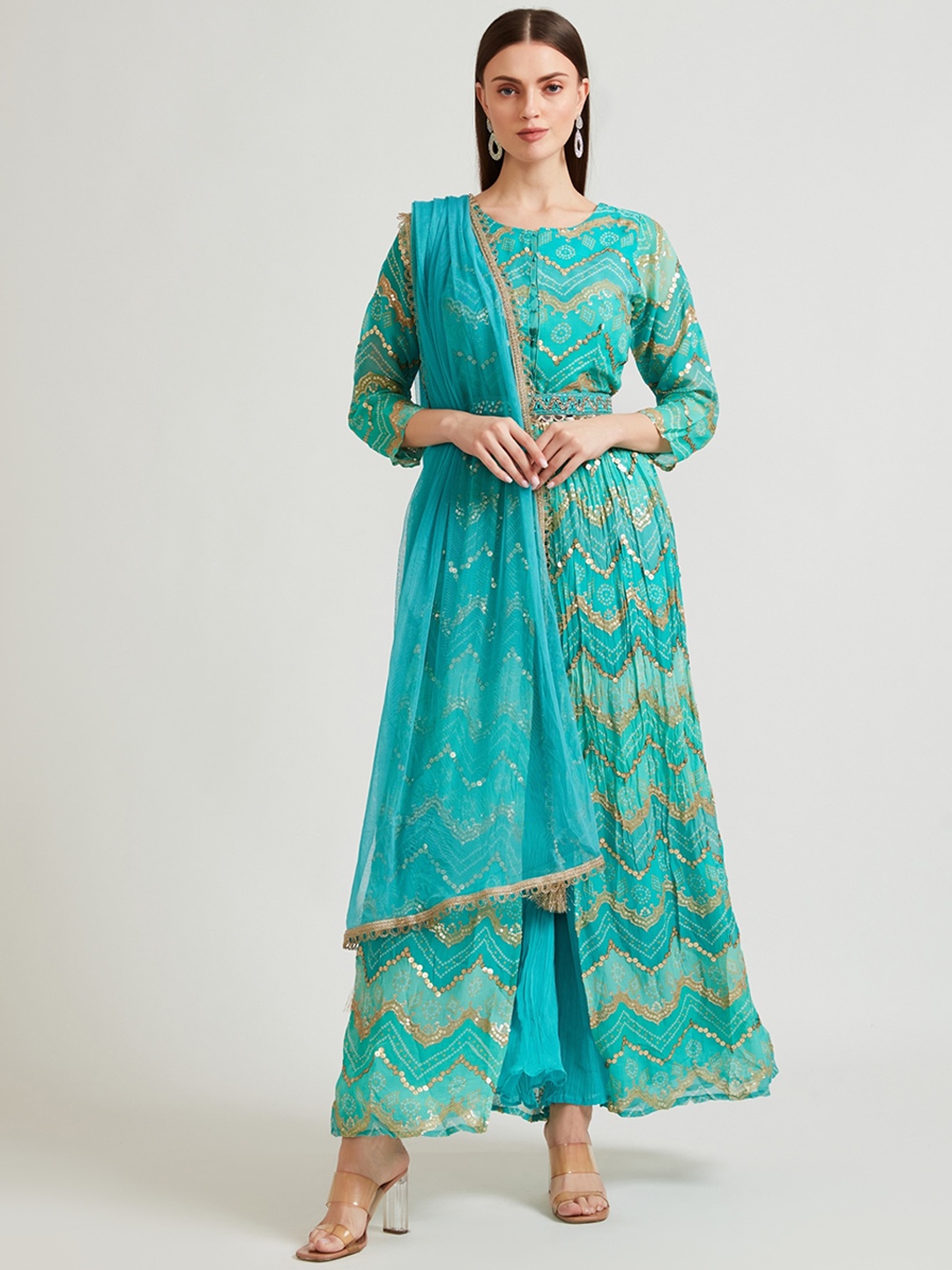 

Neerus Women Blue Printed Layered Sequinned Kurta with Palazzos & With Dupatta