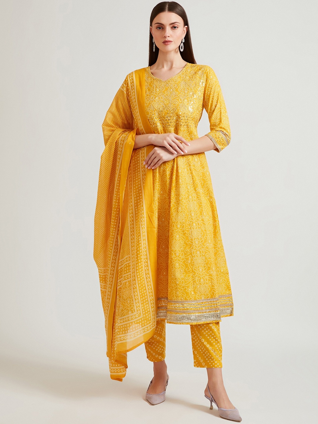 

Neerus Women Mustard Yellow Bandhani Printed Sequinned Kurta with Trousers & With Dupatta