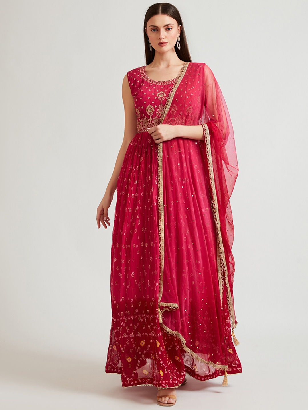

Neerus Women Magenta Ethnic Motifs Printed Sequinned Kurta with Trouser & With Dupatta