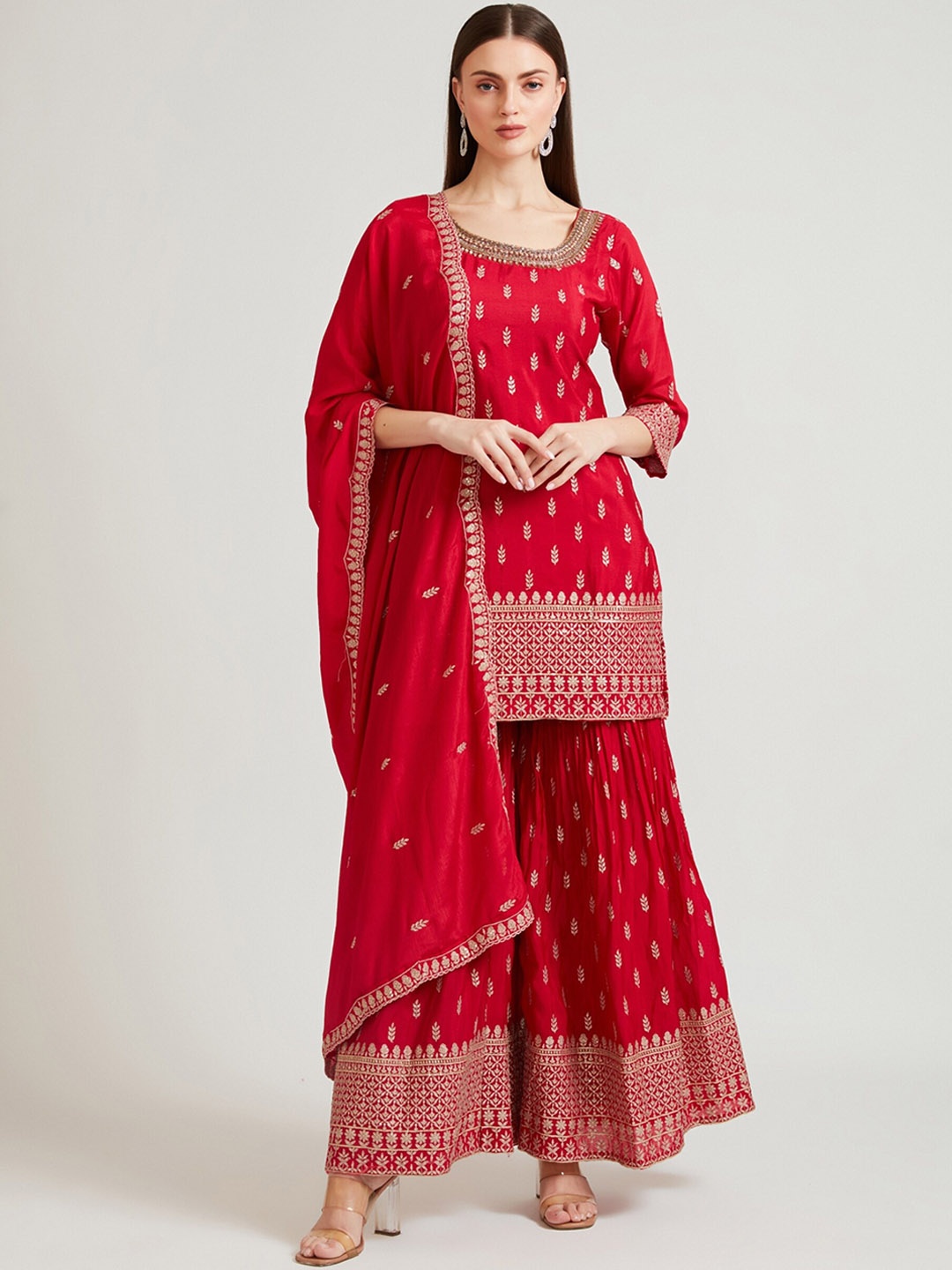 

Neerus Women Maroon Ethnic Motifs Printed Kurta with Sharara & With Dupatta
