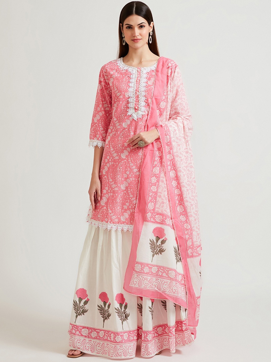 

Neerus Women Pink Ethnic Motifs Embroidered Kurta with Sharara & With Dupatta