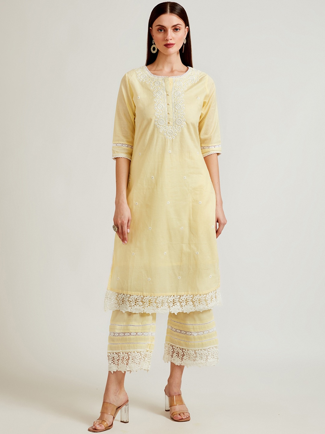 

Neerus Women Yellow Layered Aari Work Kurta with Trousers & With Dupatta