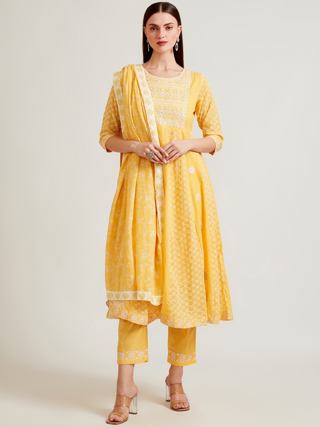 

Neerus Women Yellow Printed Aari Work Kurta with Palazzos & With Dupatta