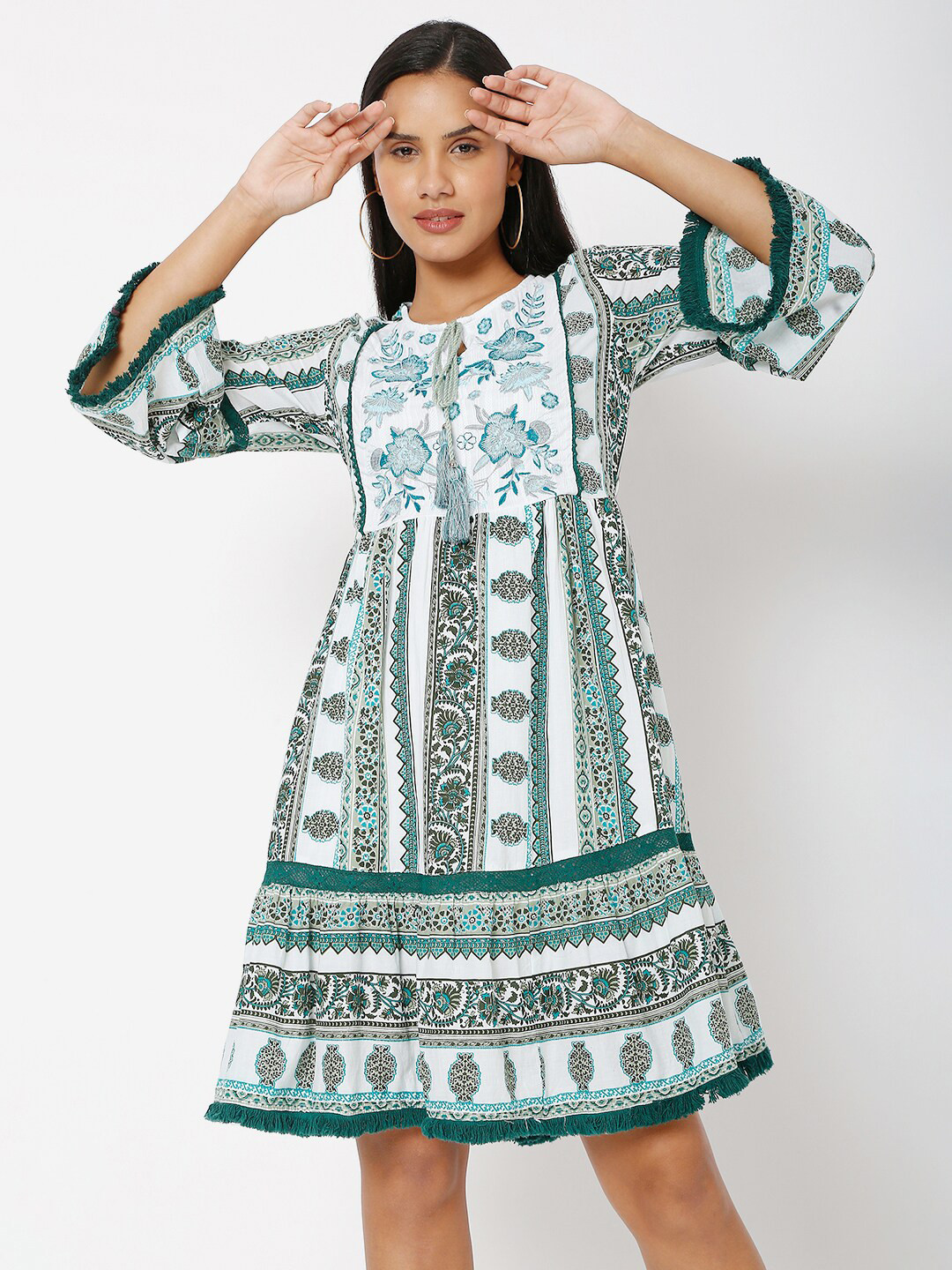 

Smarty Pants Green Ethnic Motifs Tie-Up Neck A-Line Midi Dress