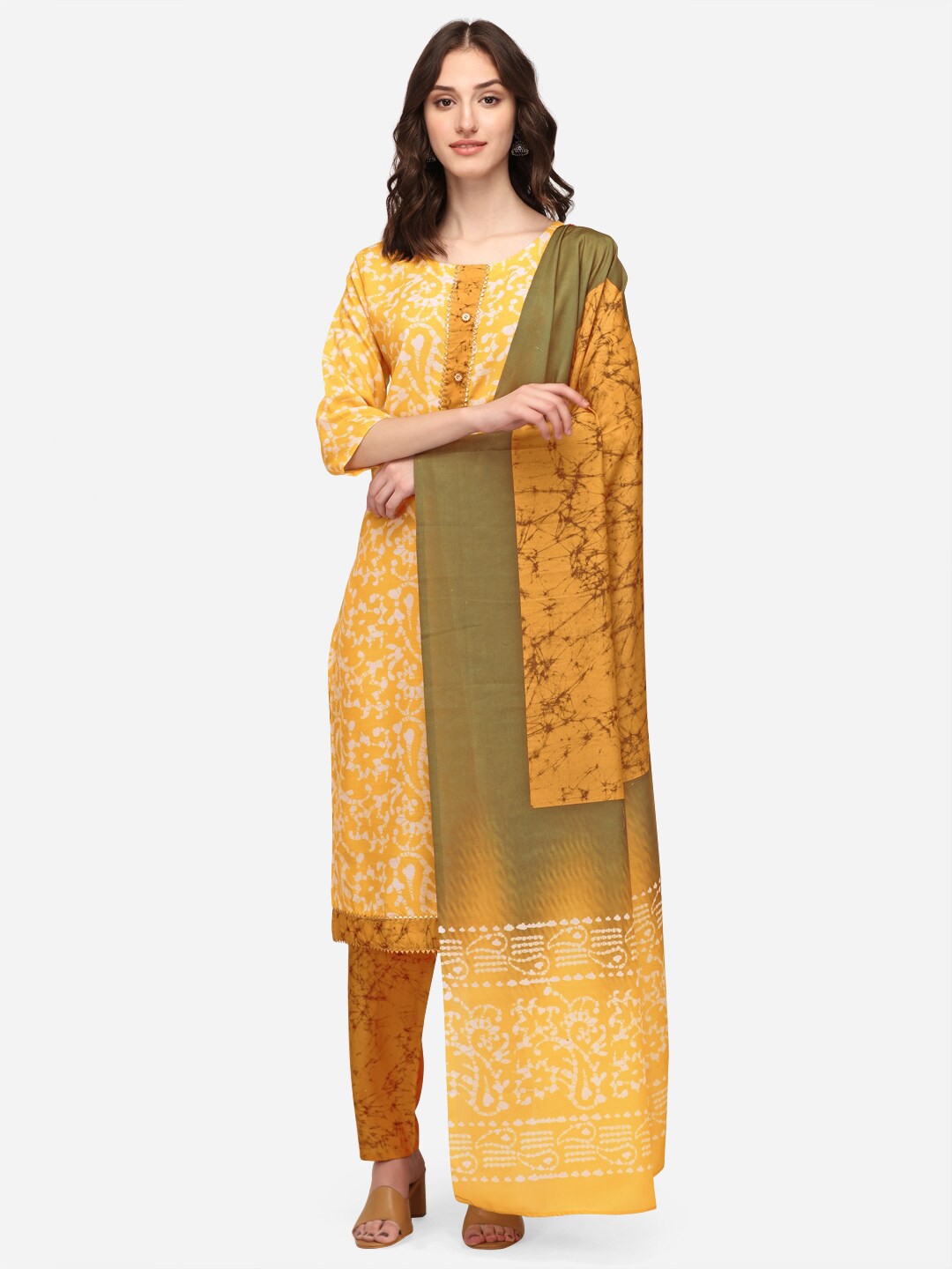 

LEWAWAA Yellow & White Printed Unstitched Dress Material
