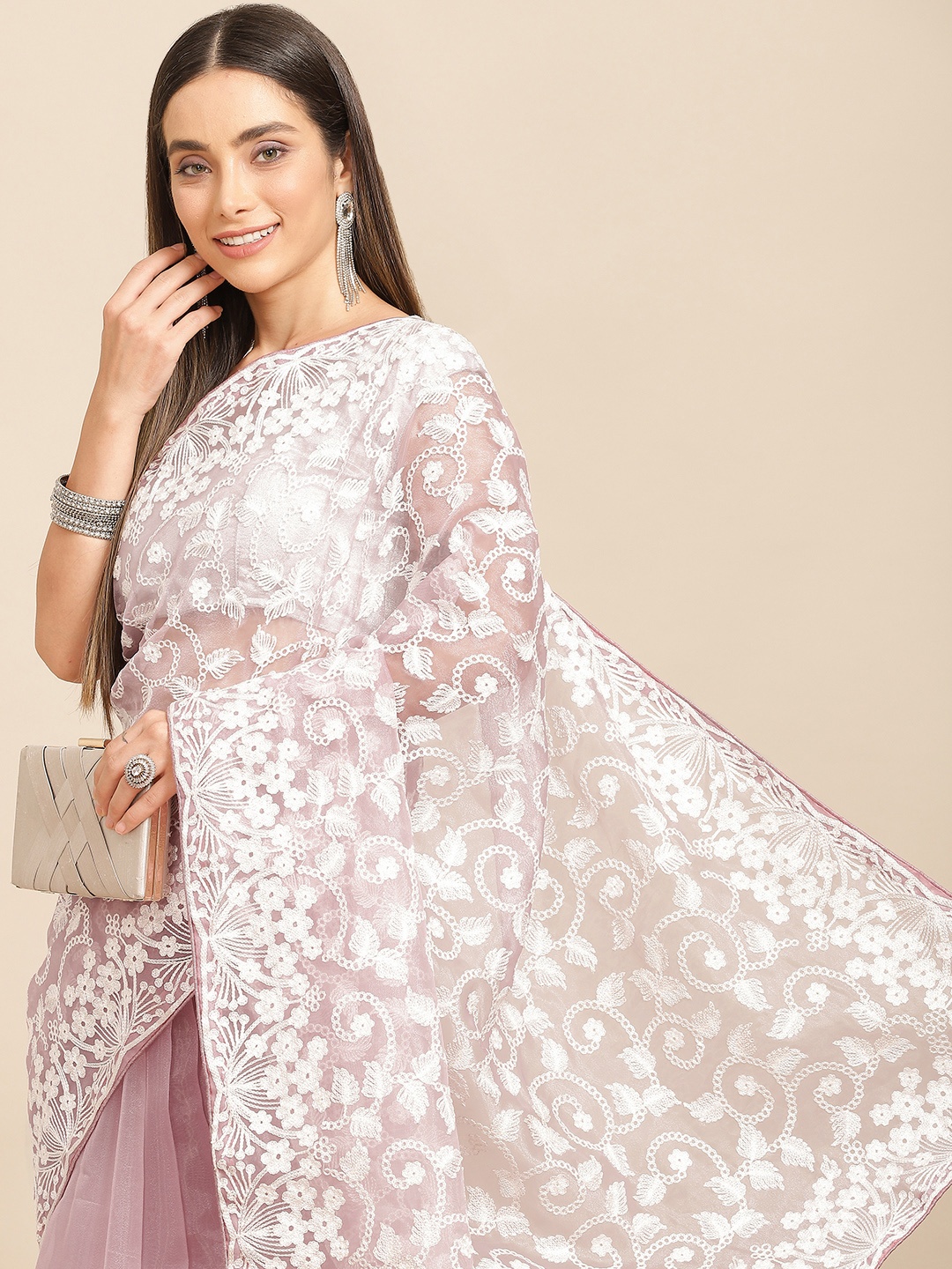 

all about you Lavender Floral Embroidered Organza Saree