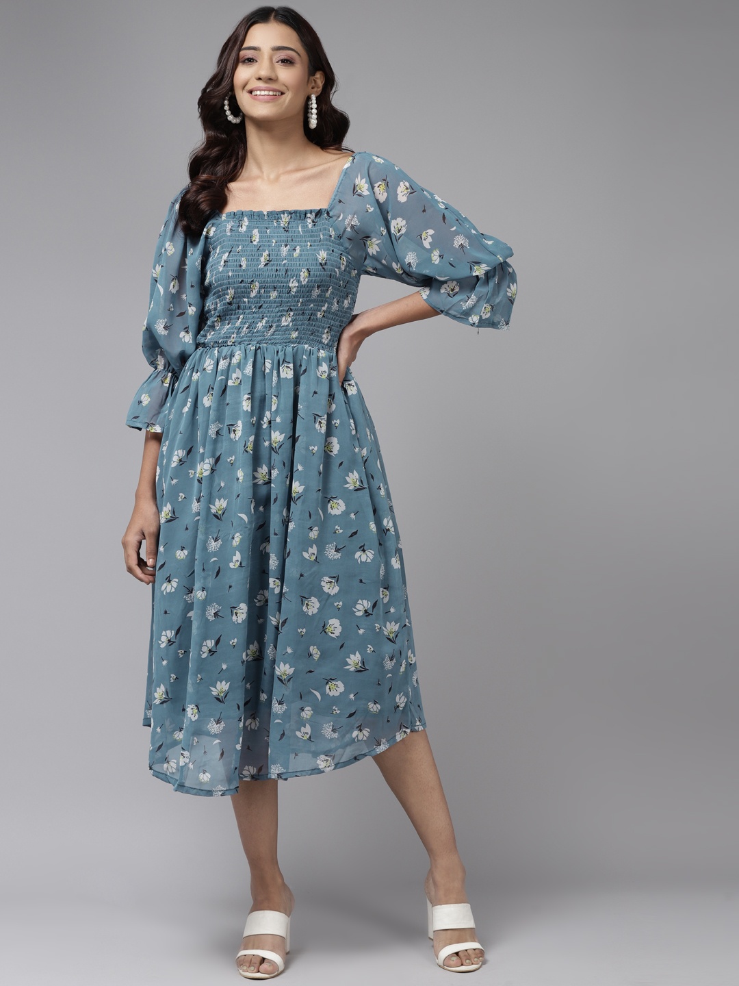 

Aarika Blue & White Floral Georgette A-Line Midi Dress