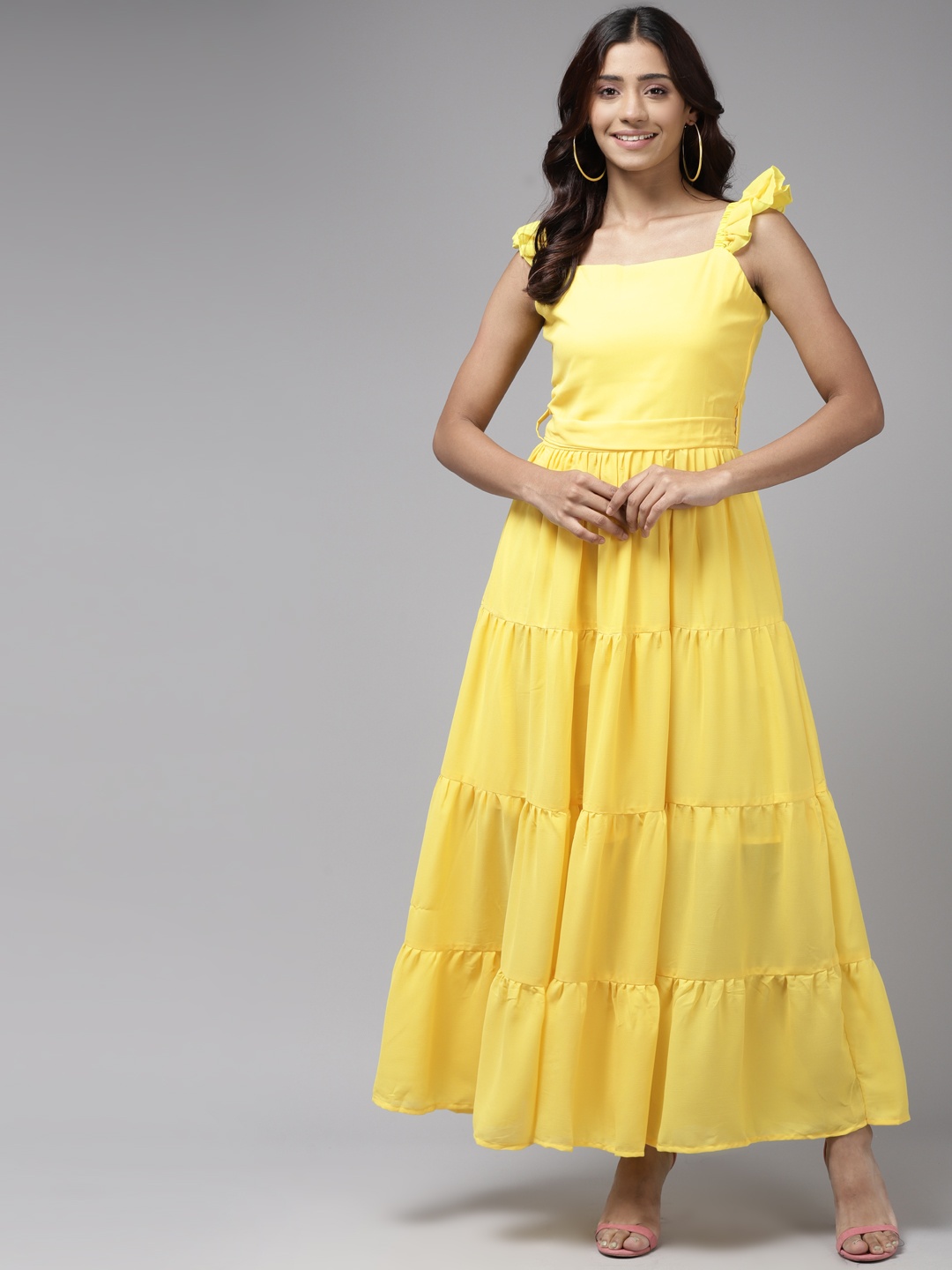 

Aarika Sunflower Yellow Solid A-Line Tiered Georgette Dress