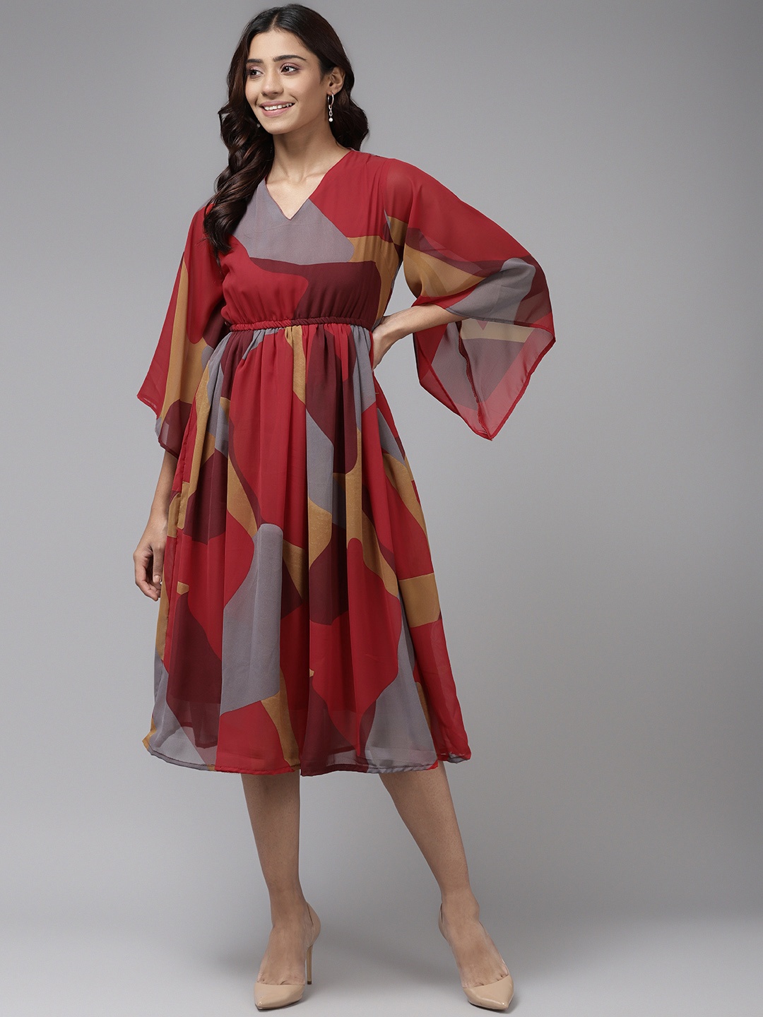 

Aarika Red & Grey Geometric Print A-Line Midi Dress