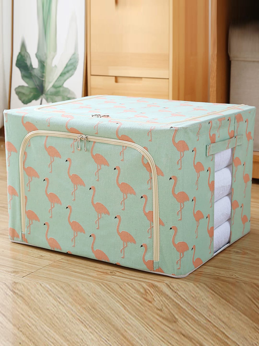 

HOUSE OF QUIRK Green & Peach-Coloured Printed Foldable Storage Box