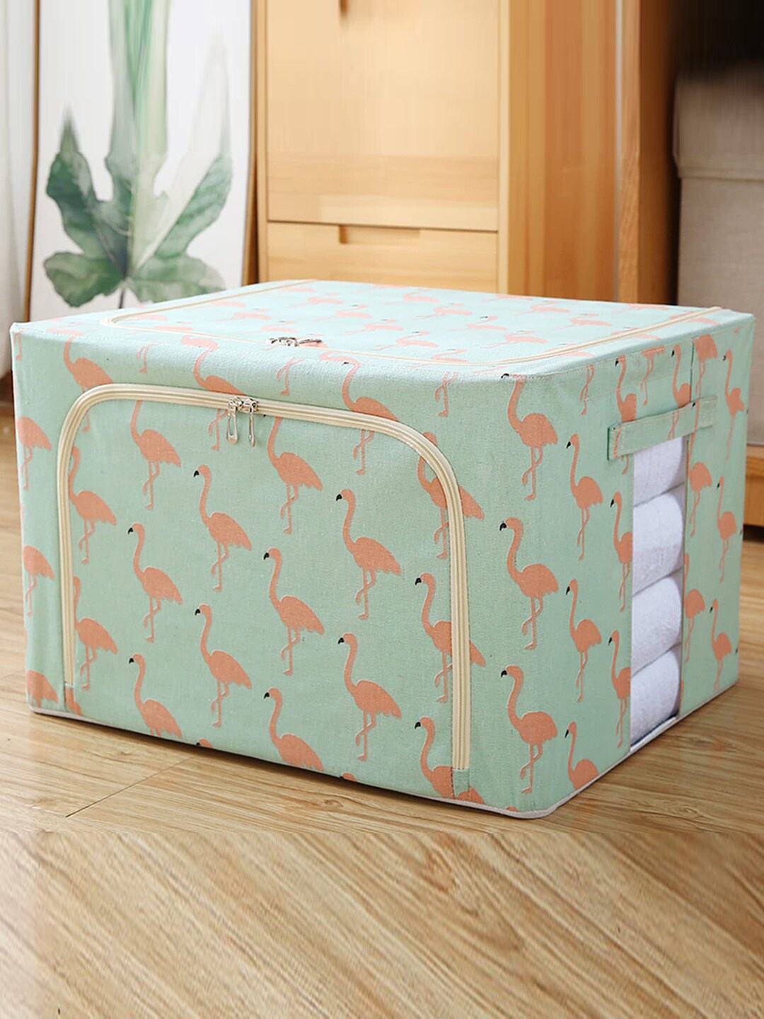 

HOUSE OF QUIRK Green & Peach-Coloured Printed Foldable Storage Box