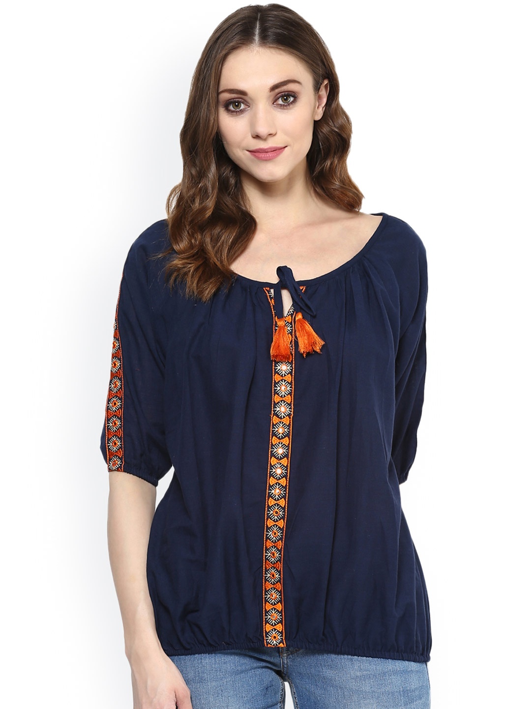 

Sringam Women Navy Blue Solid Blouson Top