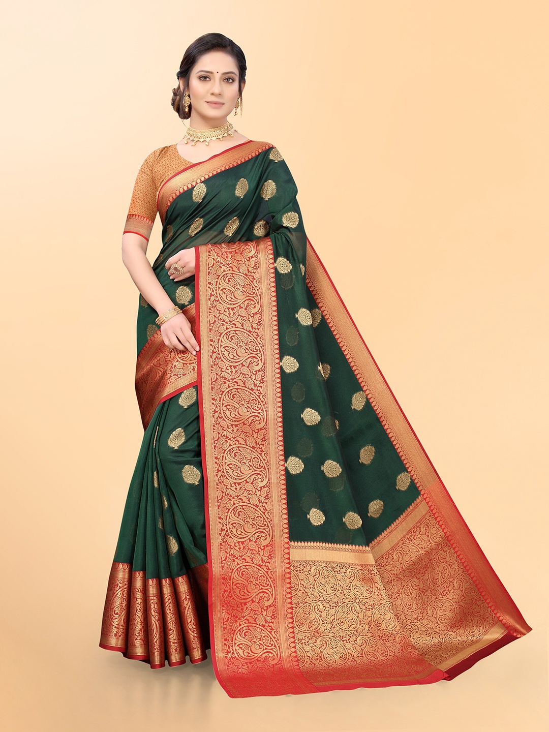 

Mitera Green & Red Woven Design Zari Organza Banarasi Saree