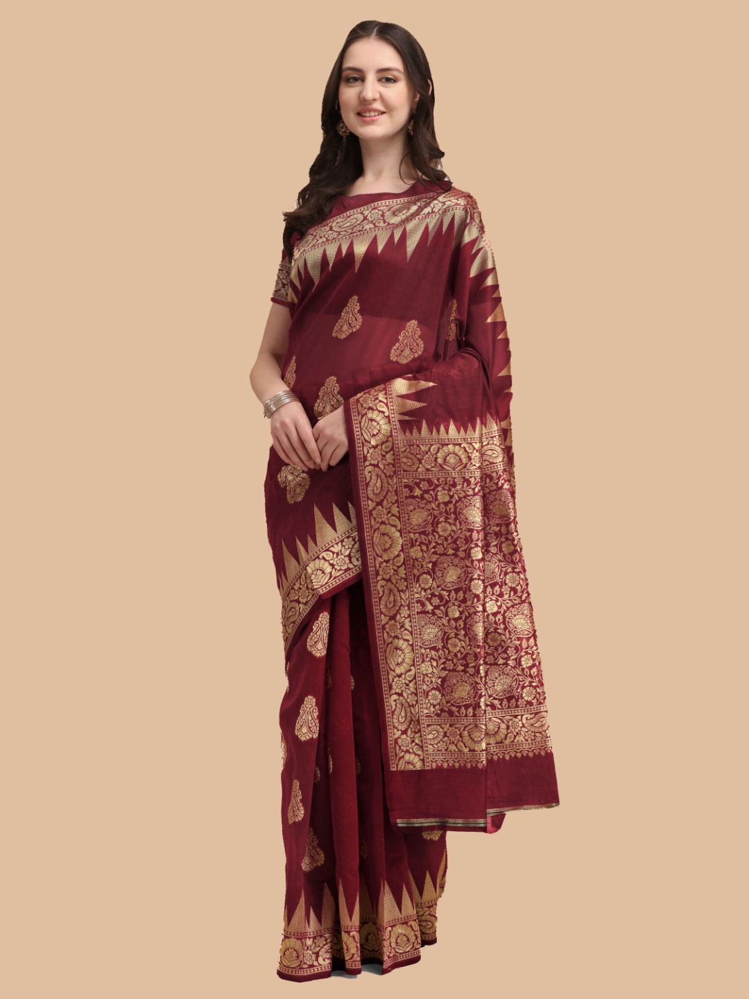 

Kasak Women Maroon & Gold-Toned Paisley Zari Silk Cotton Saree