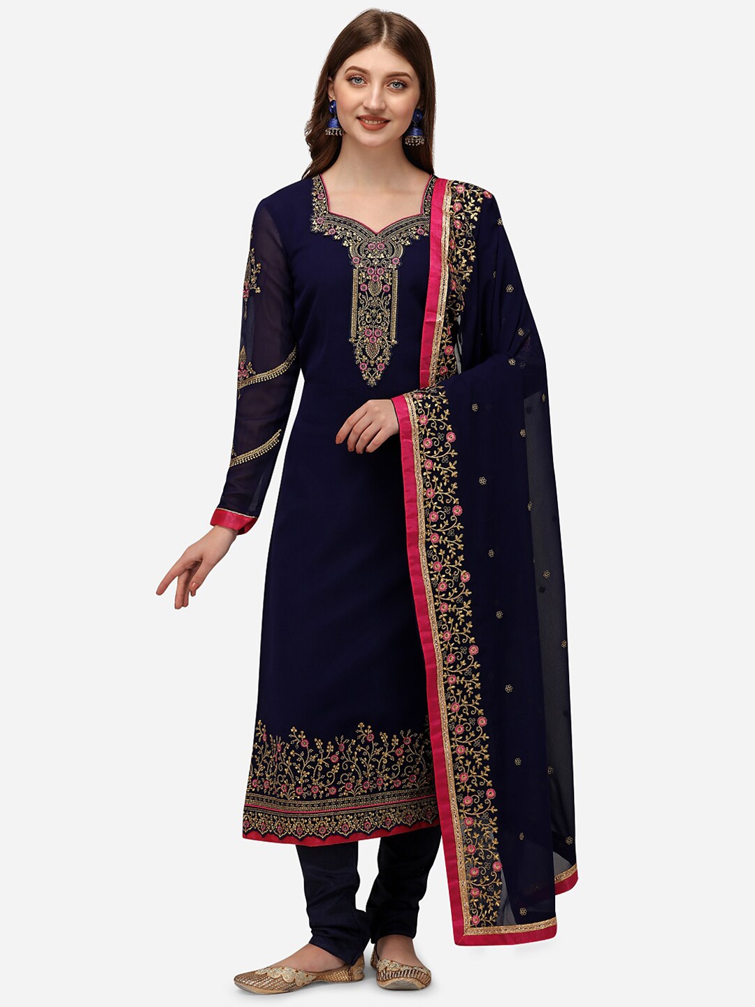 

Nivah Fashion Blue Silk Georgette Embroidery Unstitched Dress Material