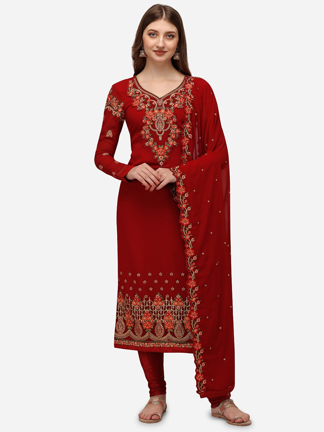 

Nivah Fashion women Maroon & Gold-Toned Embroidered Silk Unstitched Dress Material