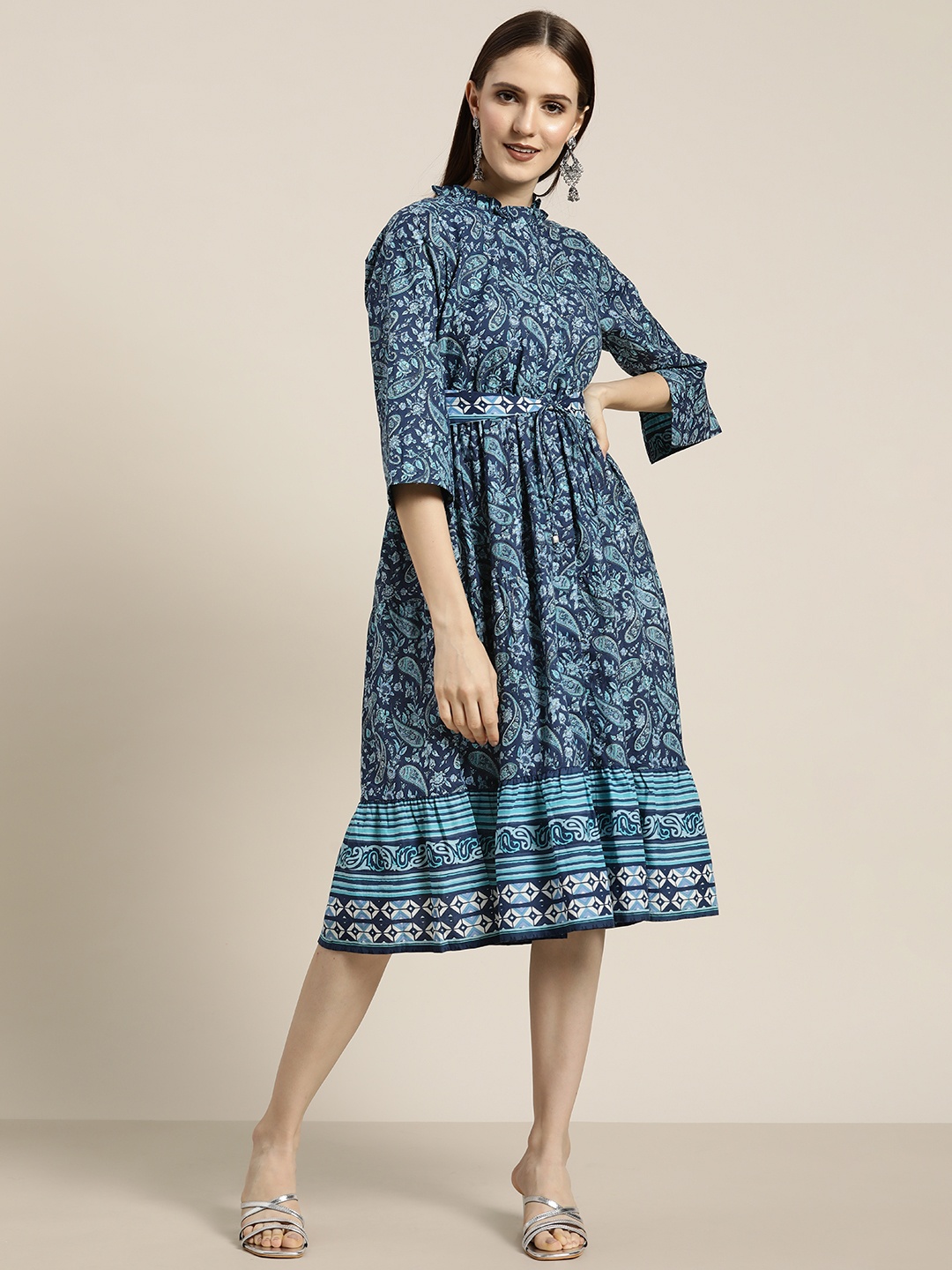 

Rain & Rainbow Navy Blue Ethnic Motifs Ethnic Cotton A-Line Midi Dress