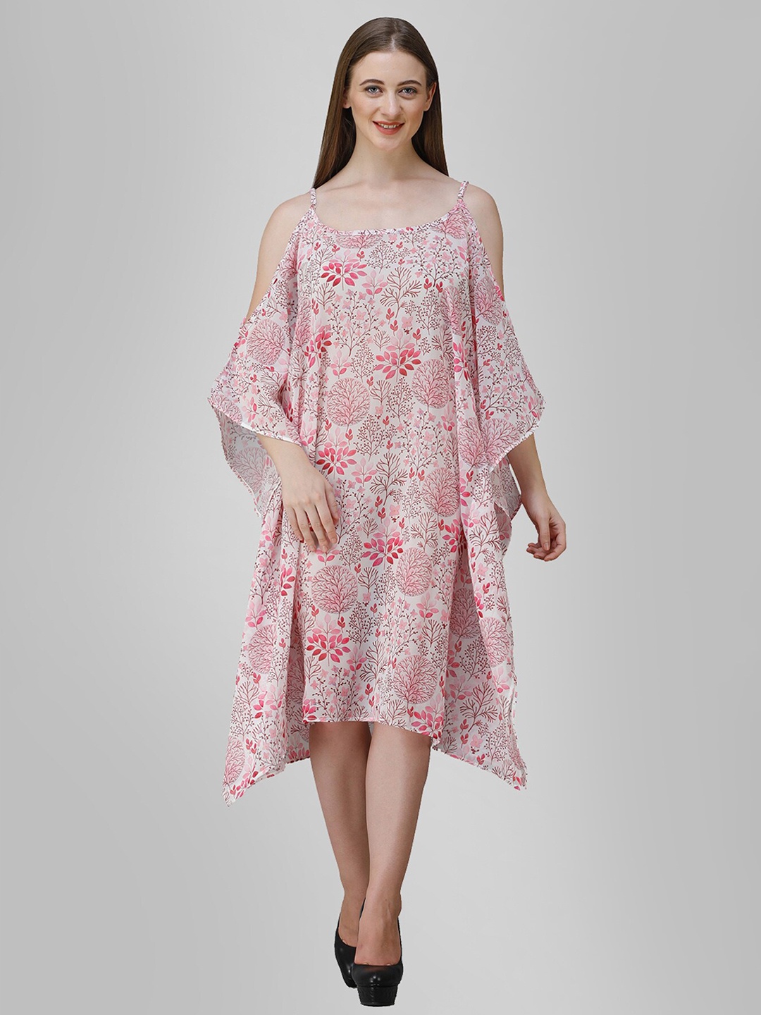 

Rajoria Instyle Multicoloured Floral Georgette Ethnic Kaftan Midi Dress, Pink