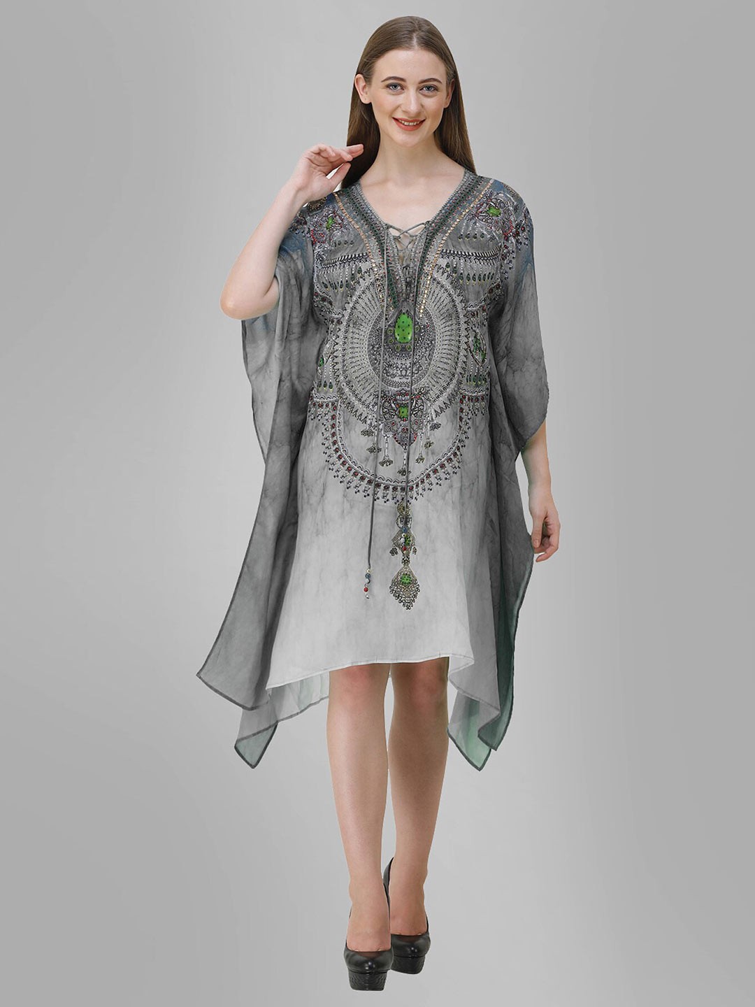 

Rajoria Instyle Multicoloured Ethnic Motifs Georgette Ethnic Kaftan Dress, Grey