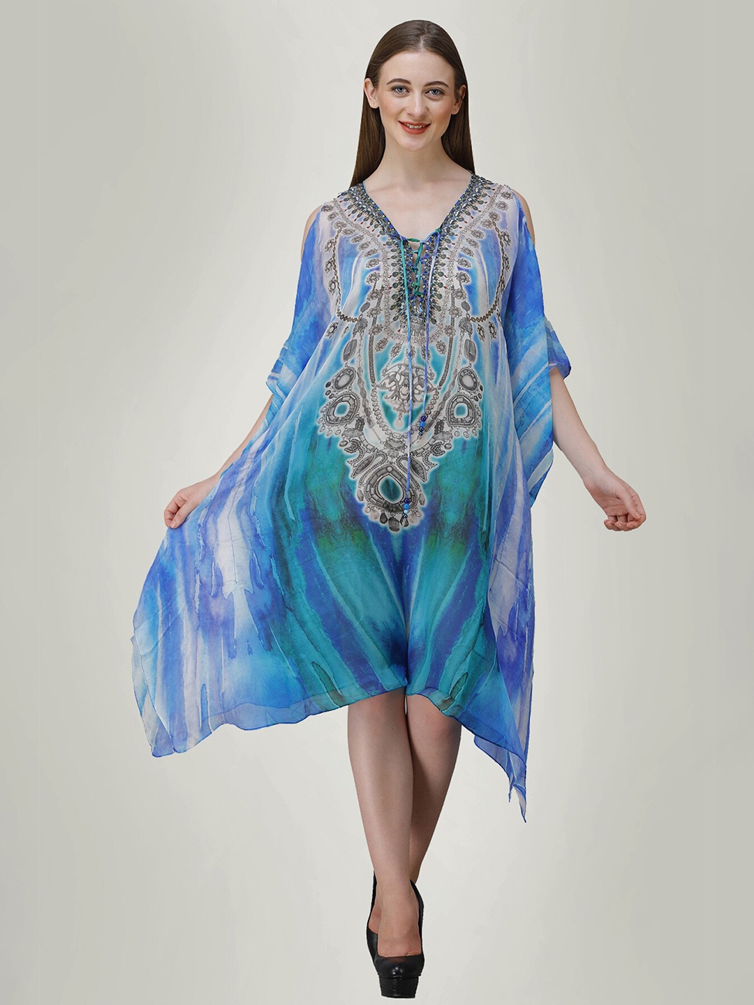 

Rajoria Instyle Multicoloured Ethnic Motifs Georgette Ethnic Kaftan Dress, Multi
