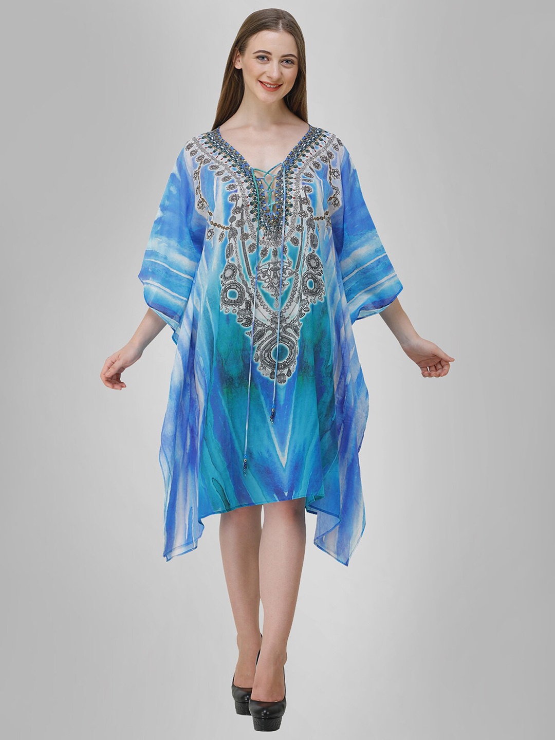 

Rajoria Instyle Blue Ethnic Motifs Georgette Ethnic Kaftan Dress