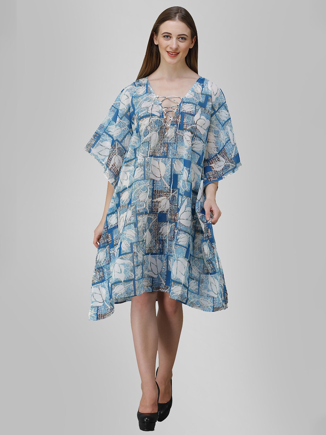 Rajoria Instyle Blue & White Floral Tie-Up Neck Georgette A-Line Dress