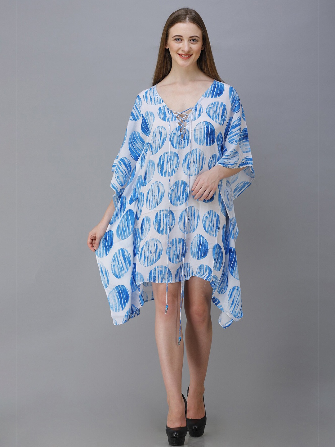 Rajoria Instyle Blue & White Ethnic Motifs Georgette Kaftan Dress