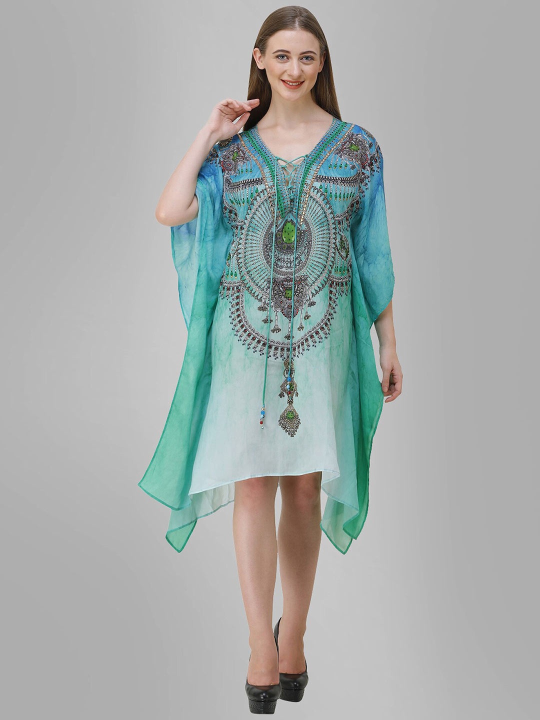 

Rajoria Instyle Sea Green Ethnic Motifs Georgette Kaftan Dress