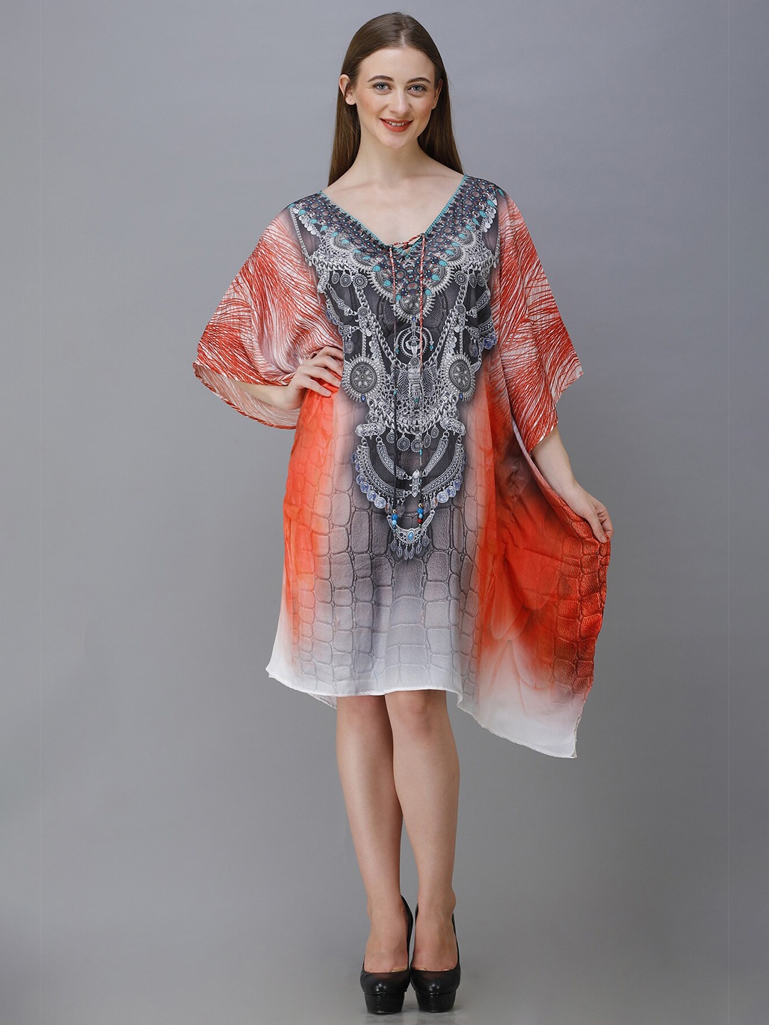 

Rajoria Instyle Grey & Grey Melange Ethnic Motifs Georgette Kaftan Dress