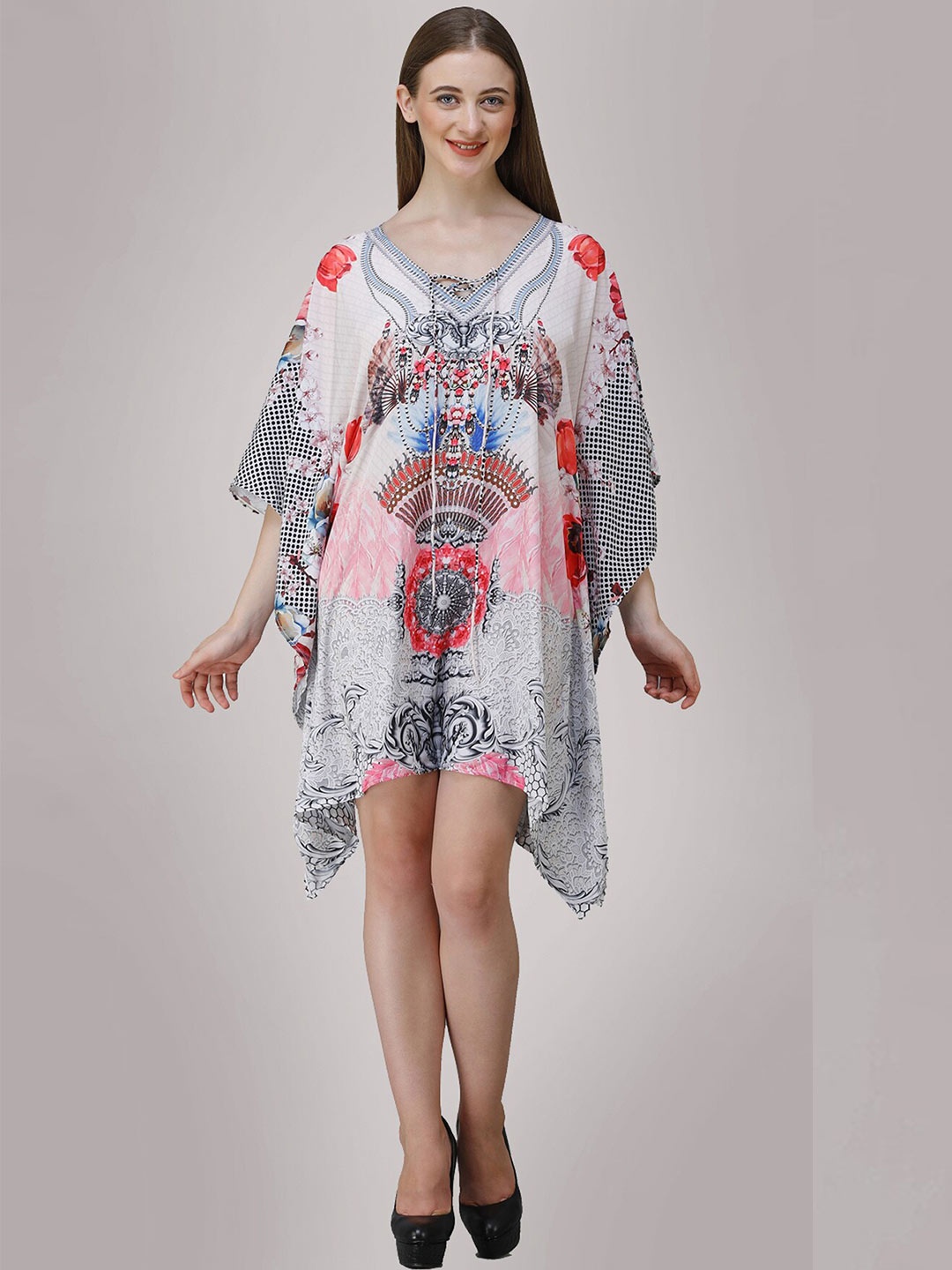 

Rajoria Instyle Cream-Coloured & Blue Floral Georgette Kaftan Dress