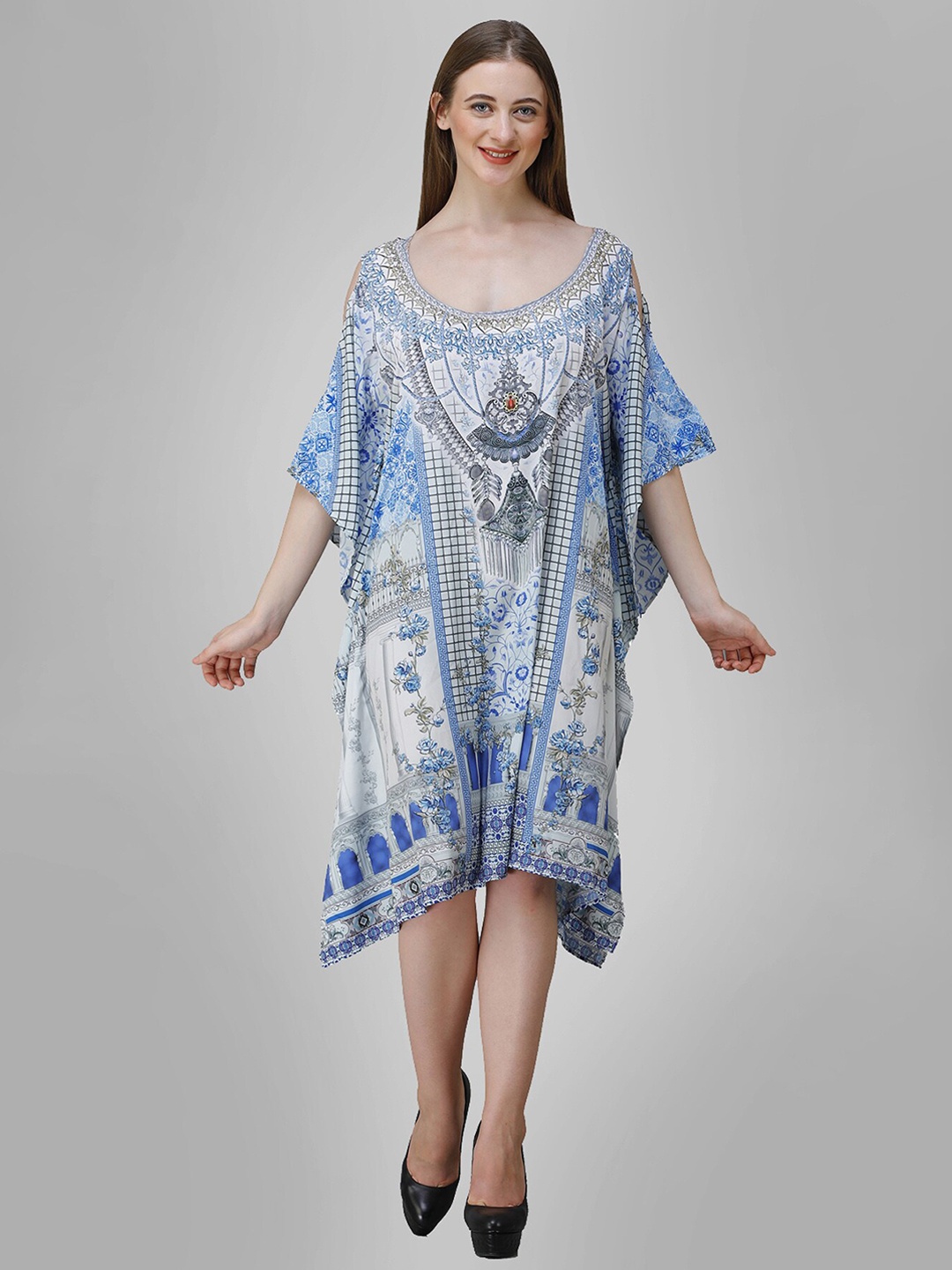 

Rajoria Instyle Cream-Coloured & Blue Ethnic Motifs Georgette Kaftan Dress
