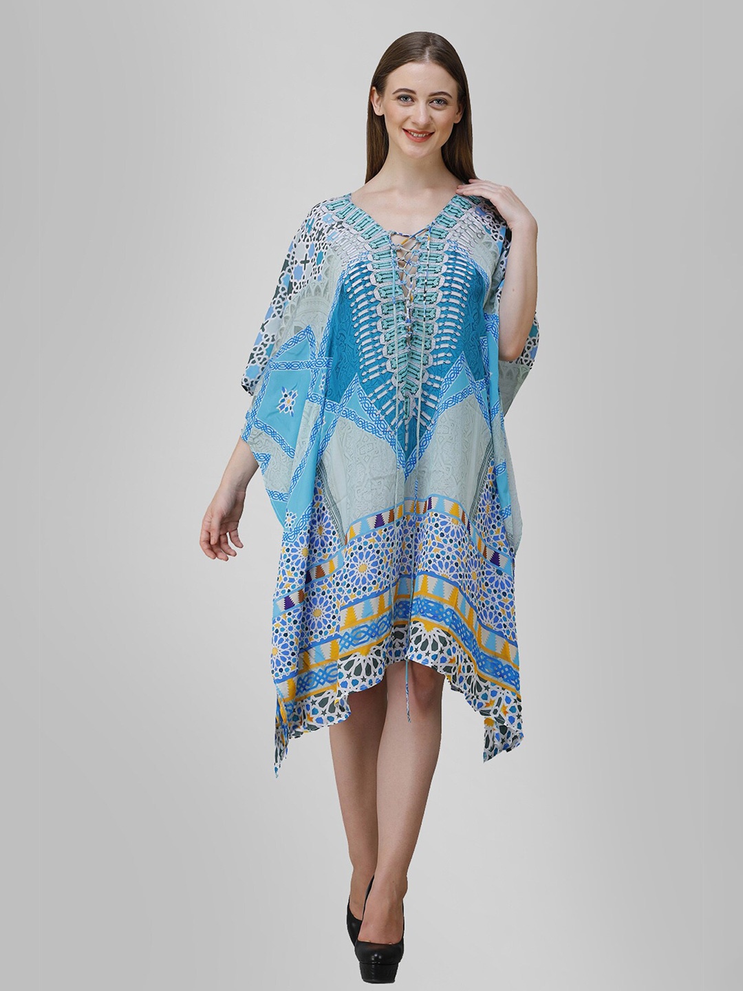 

Rajoria Instyle Blue & Grey Melange Ethnic Motifs Georgette Kaftan Midi Dress