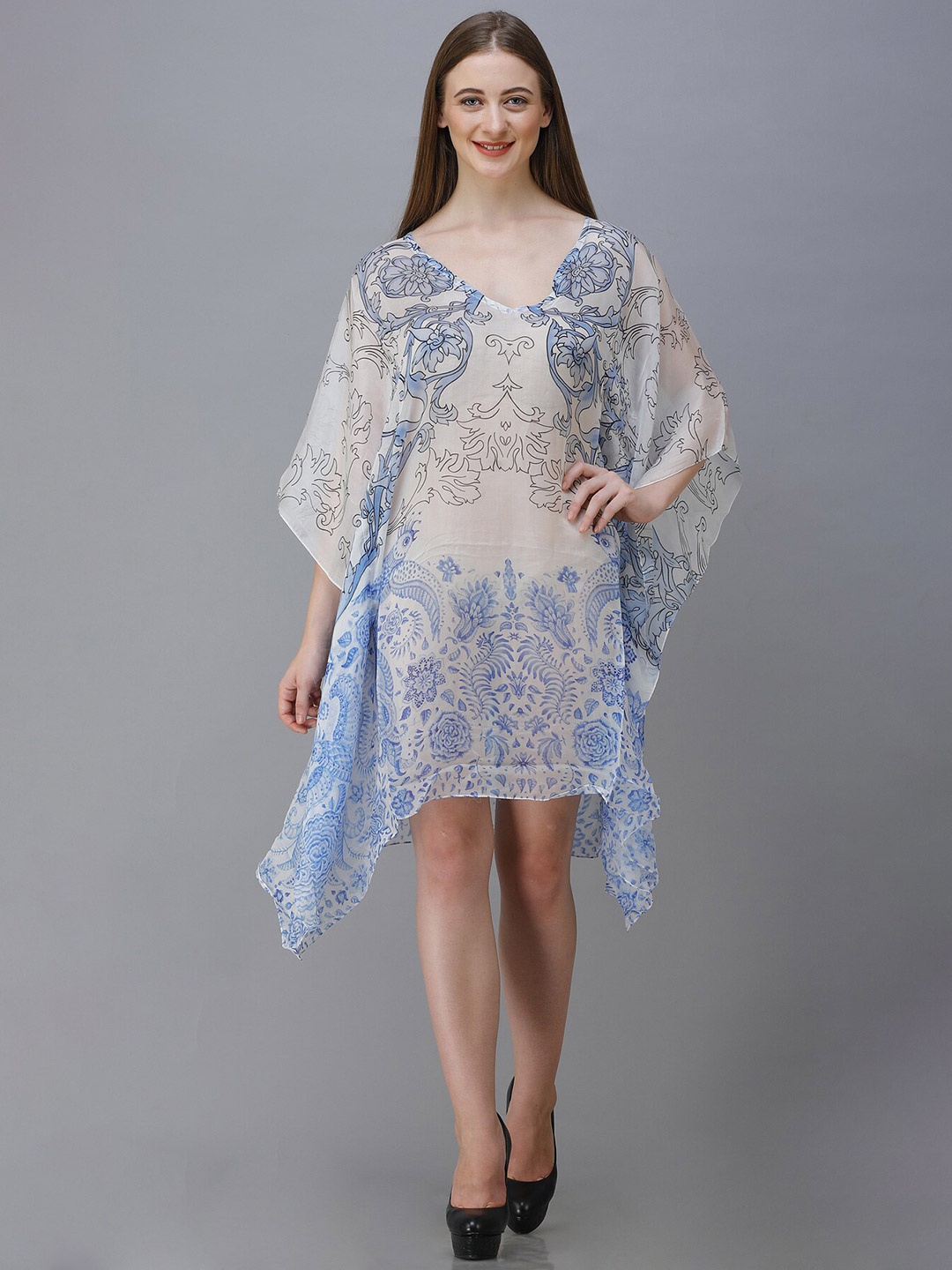 

Rajoria Instyle Off White & Blue Ethnic Motifs Georgette Kaftan Dress