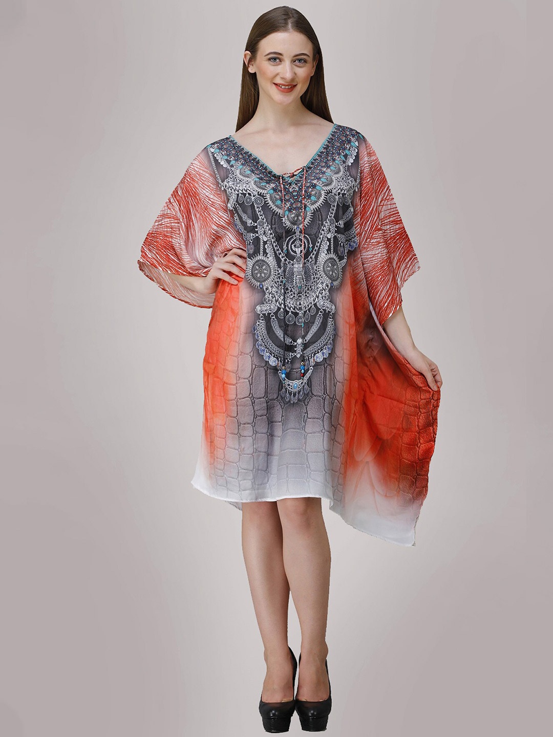 

Rajoria Instyle Grey & Burgundy Ethnic Motifs Georgette Kaftan Dress